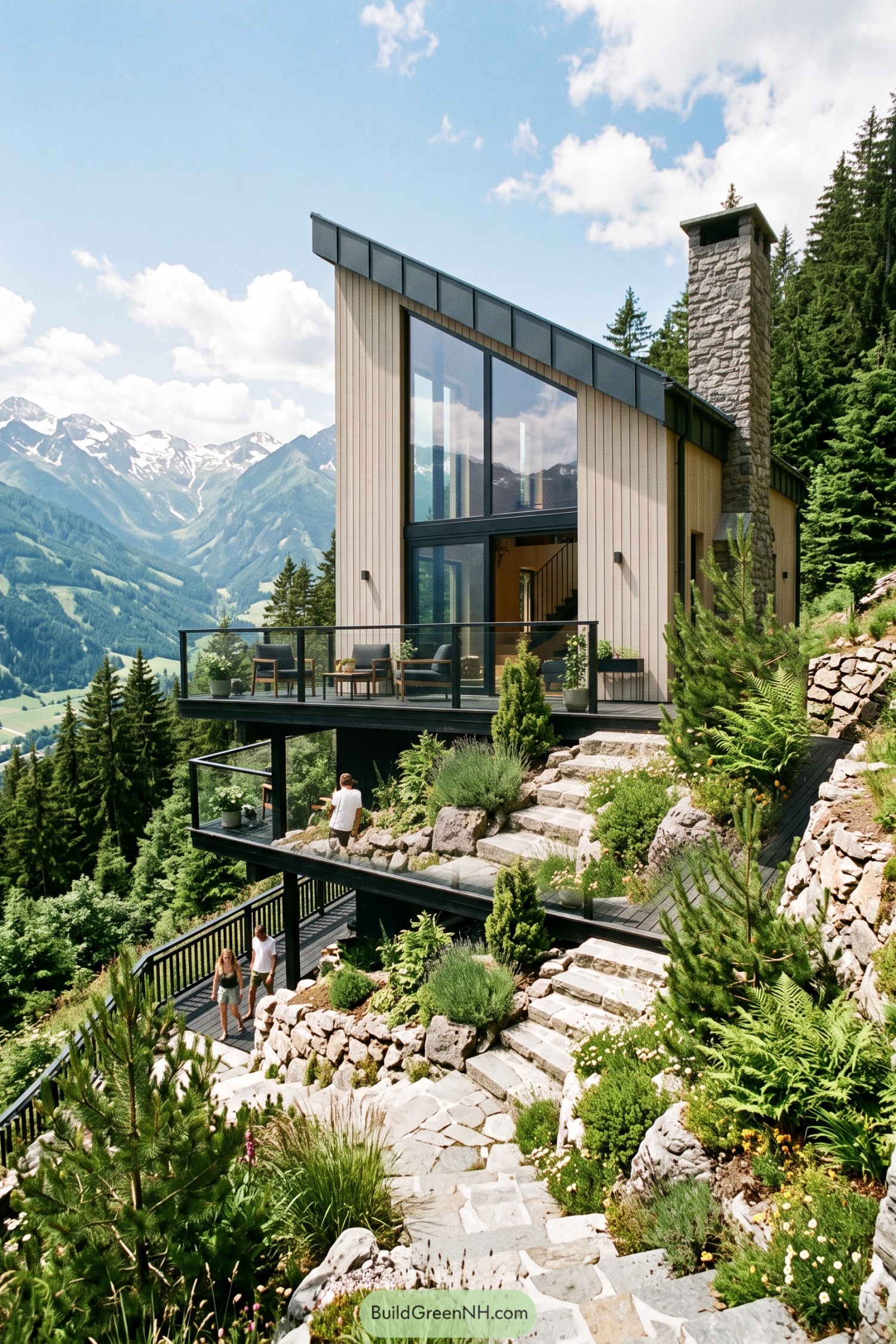 Modern hillside villa with stacked decks and alpine views
