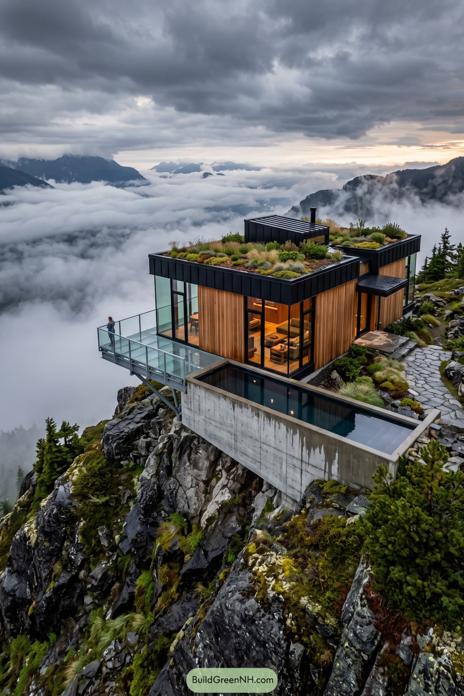 Modern cliffside villa with planted roofs and infinity pool