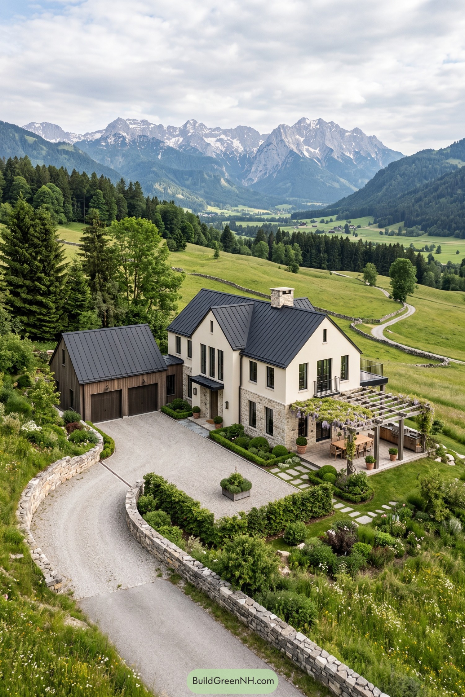 Cream gabled villa with pergola overlooking an alpine valley