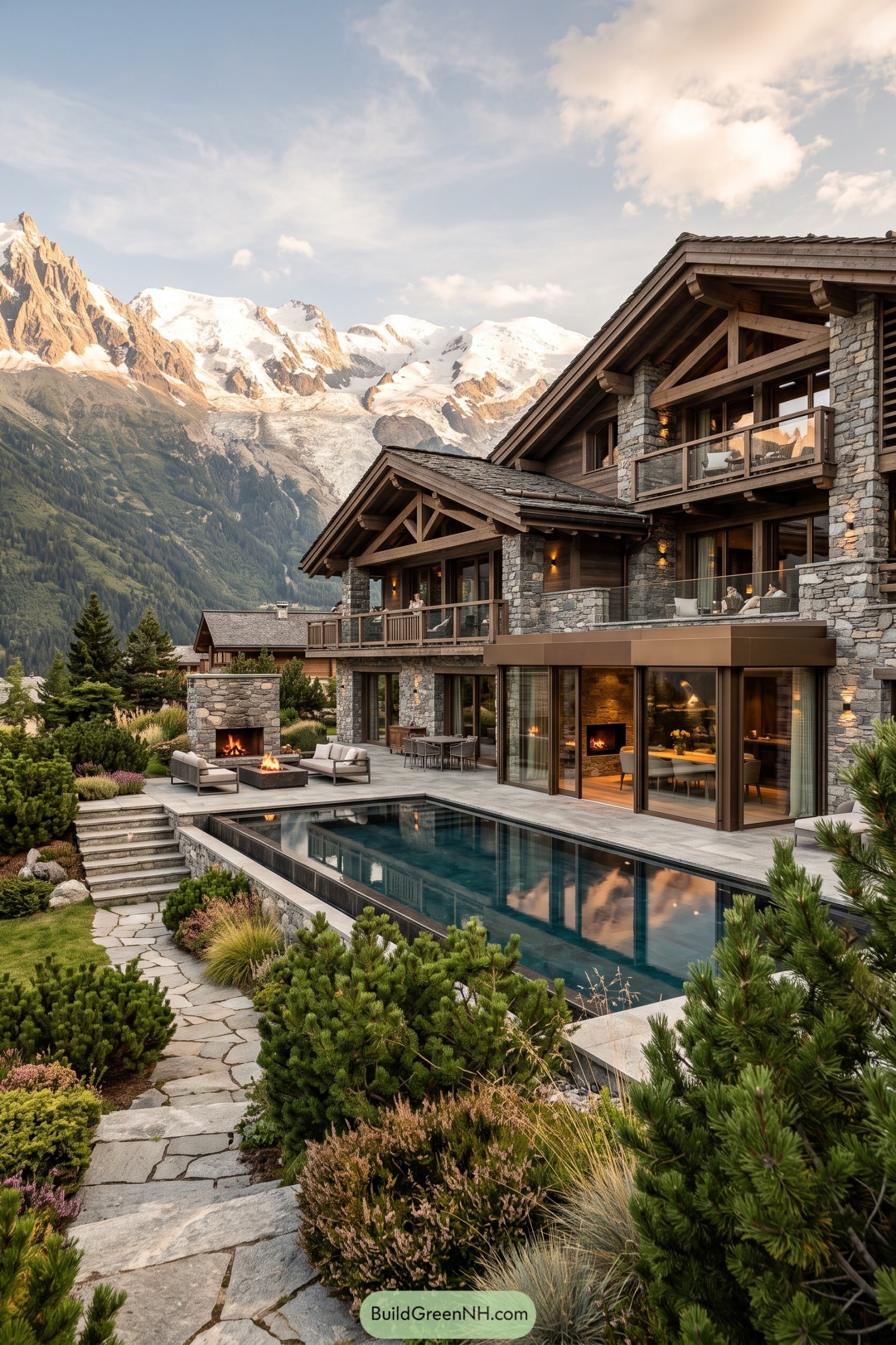 Stone and timber villa with pool beneath snowy peaks