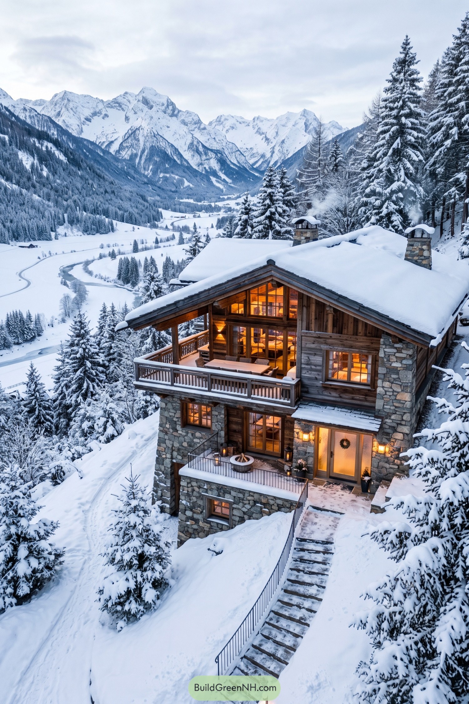 Wood and stone chalet overlooking a snowy alpine valley