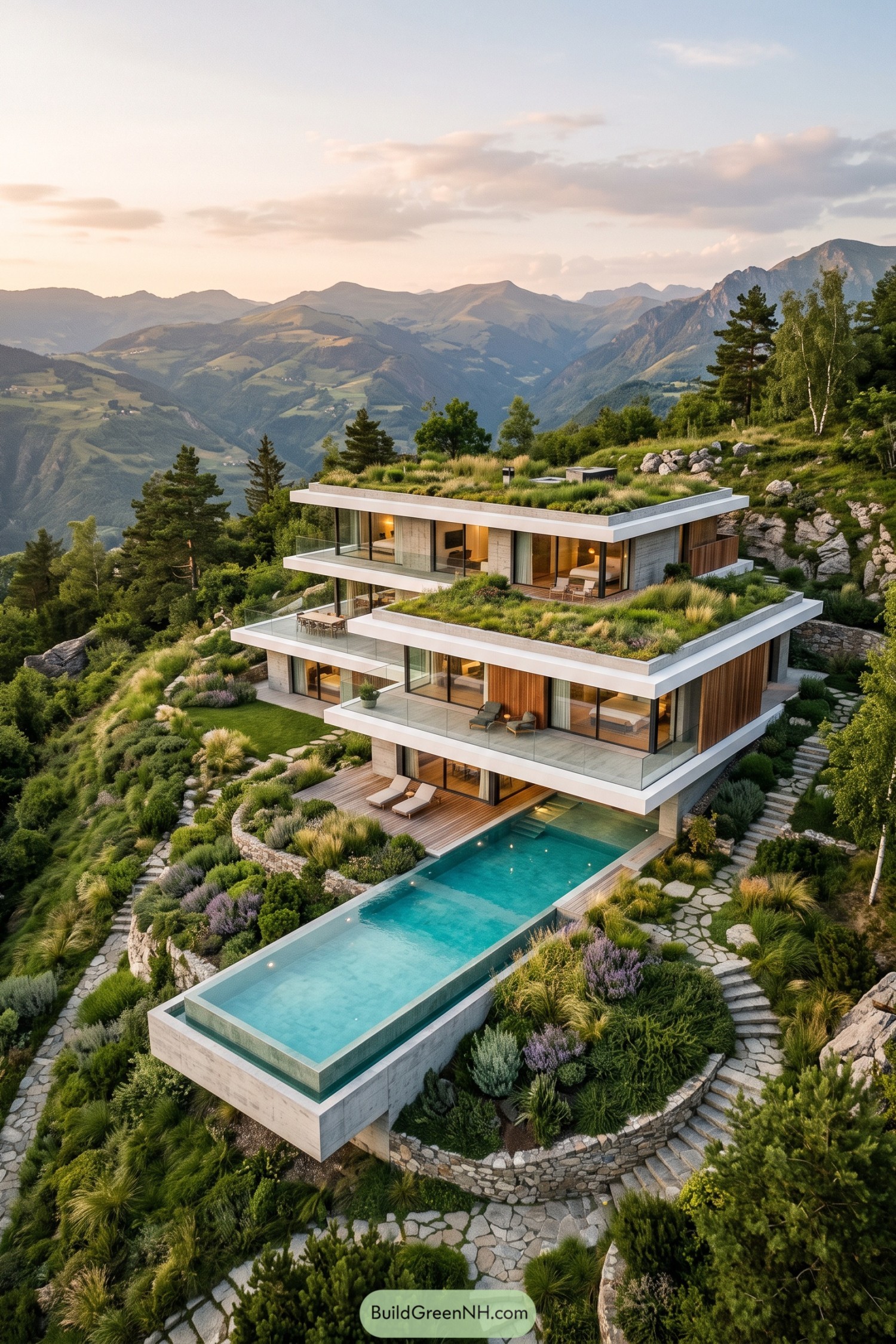 Terraced hillside villa with green roofs and infinity pool