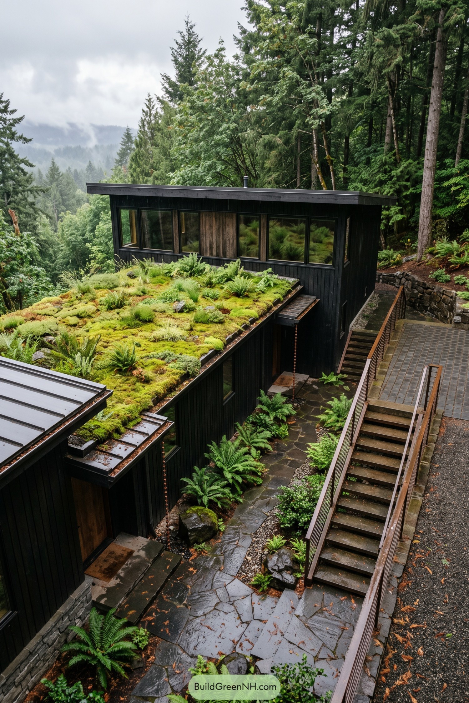 Black hillside home with a lush living roof and stone courtyard