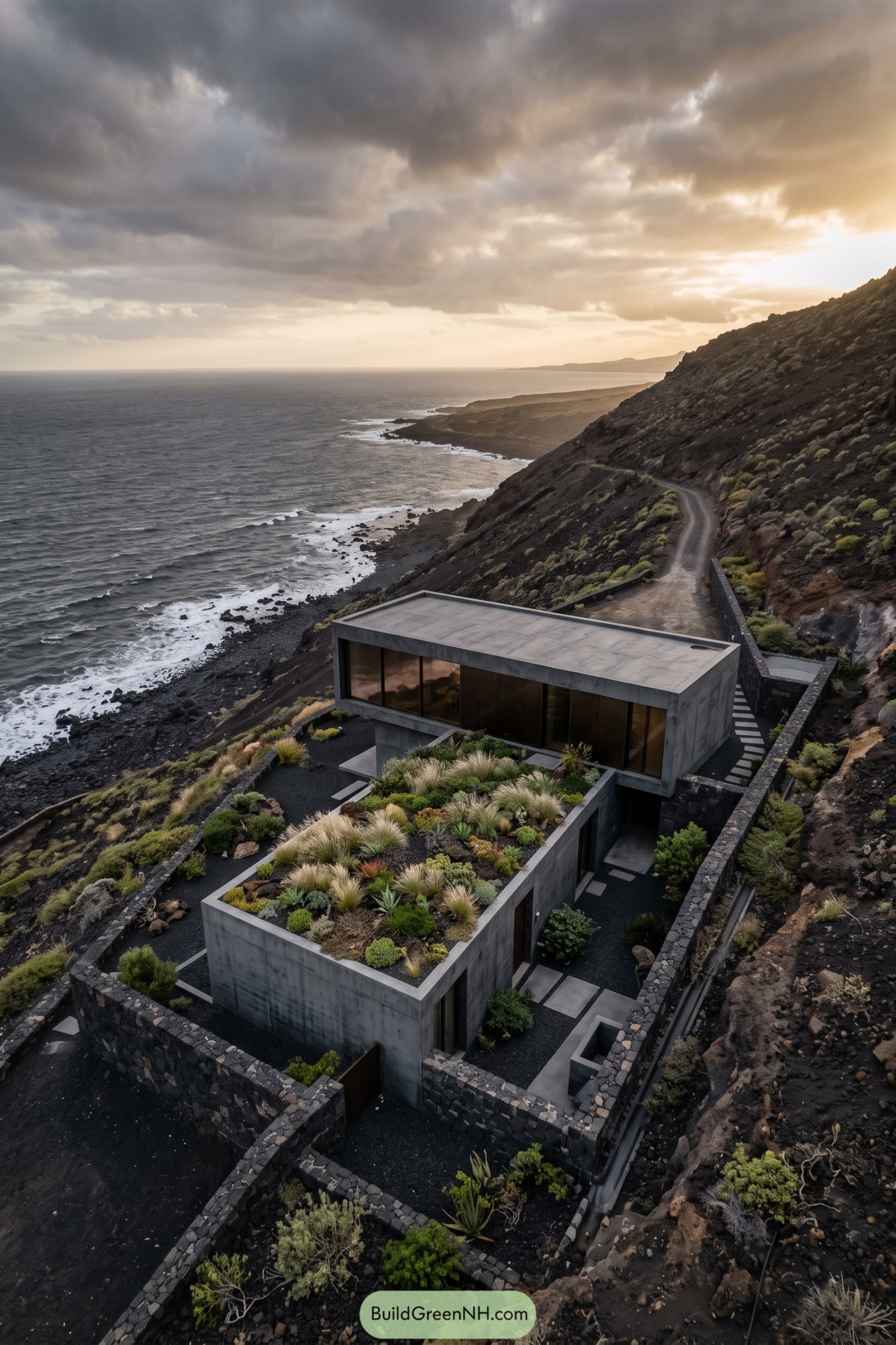 Concrete hillside home with planted roof overlooking a rocky sea