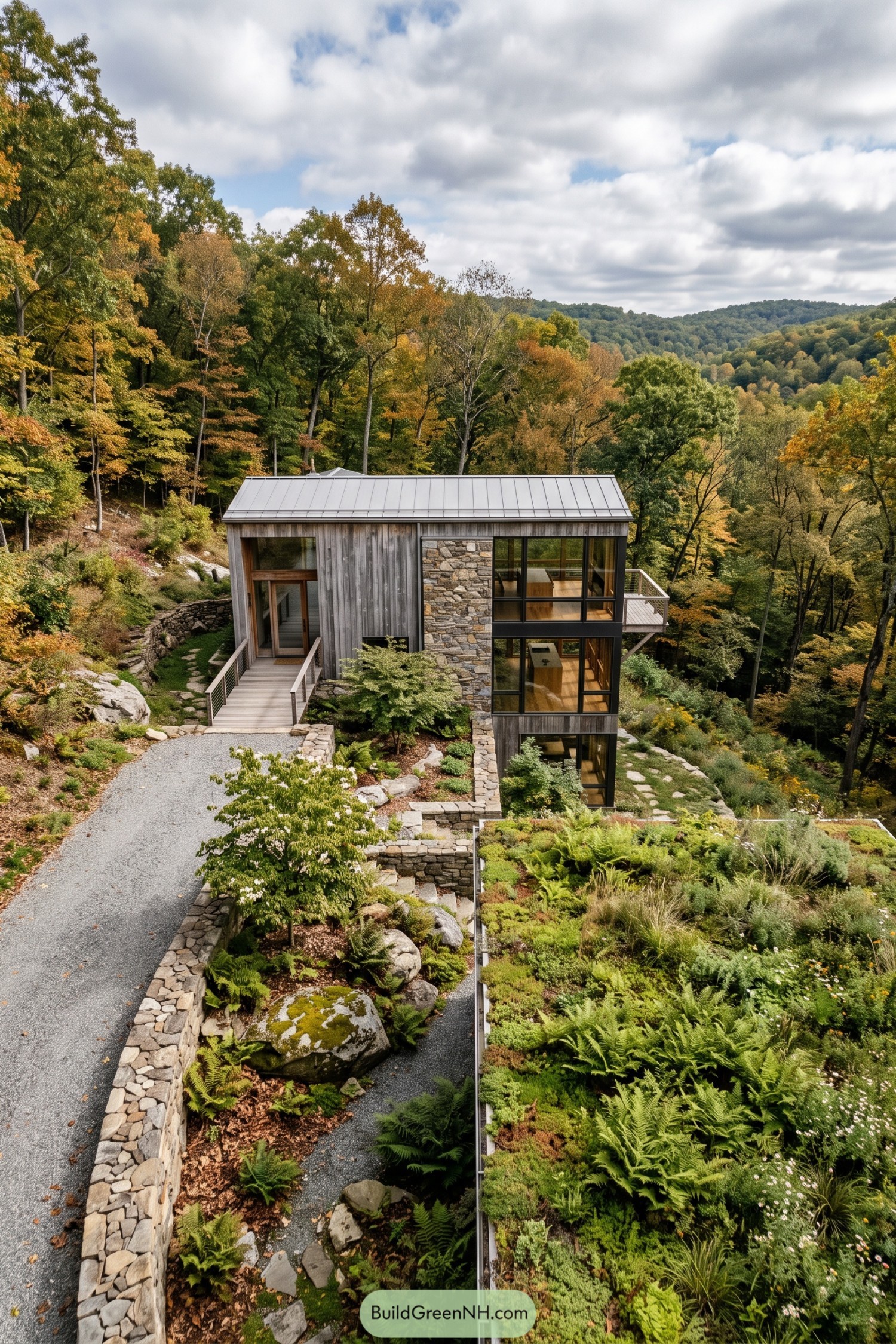 Modern hillside home with stone walls and terraced fern gardens