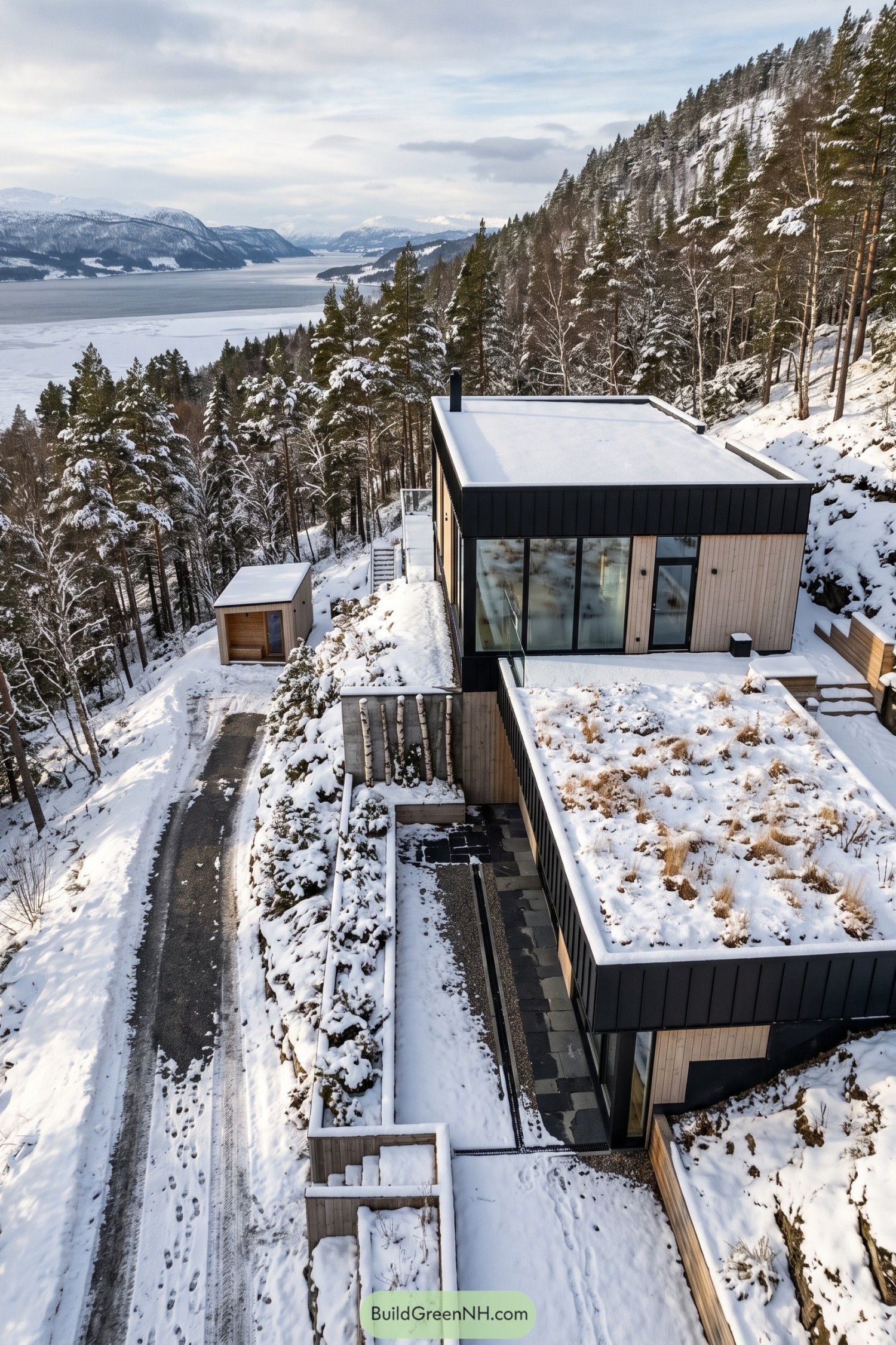 Contemporary hillside home with snow-covered planted roofs overlooking a fjord