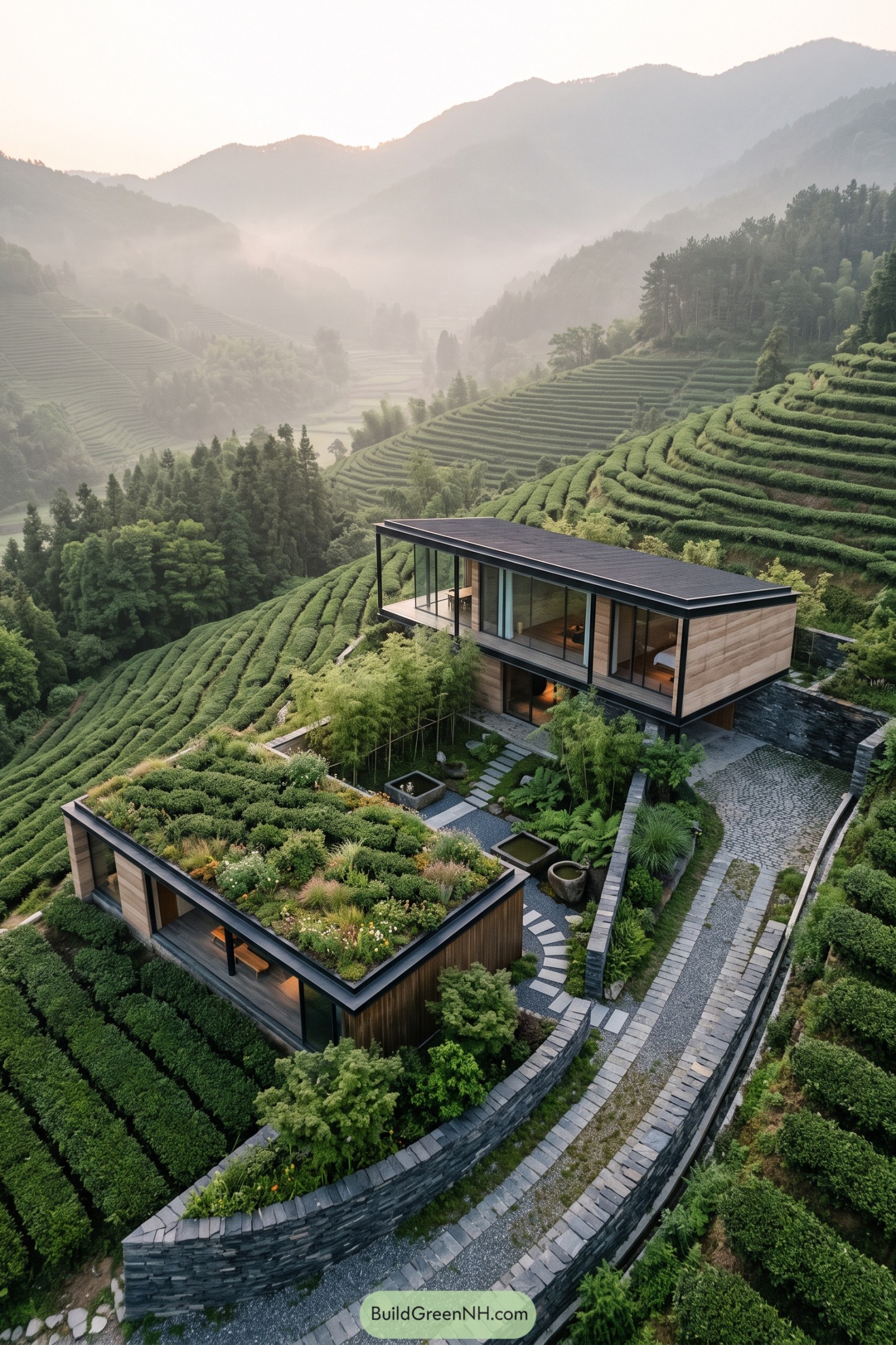 Modern hillside home overlooking misty tea terraces with planted roofs