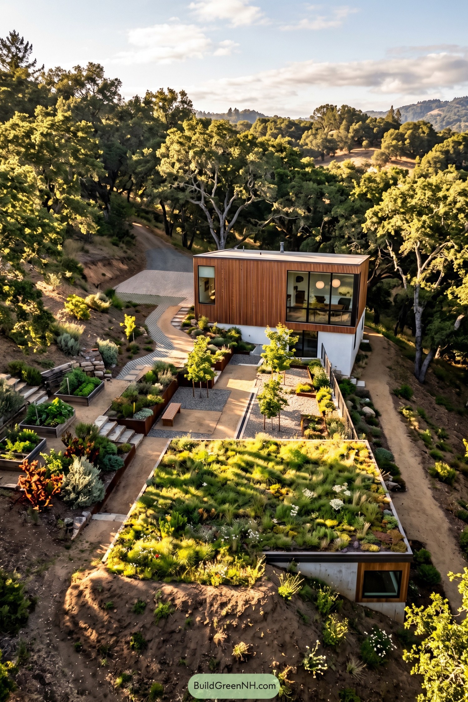 Wood-clad hillside home with edible gardens and a planted roof