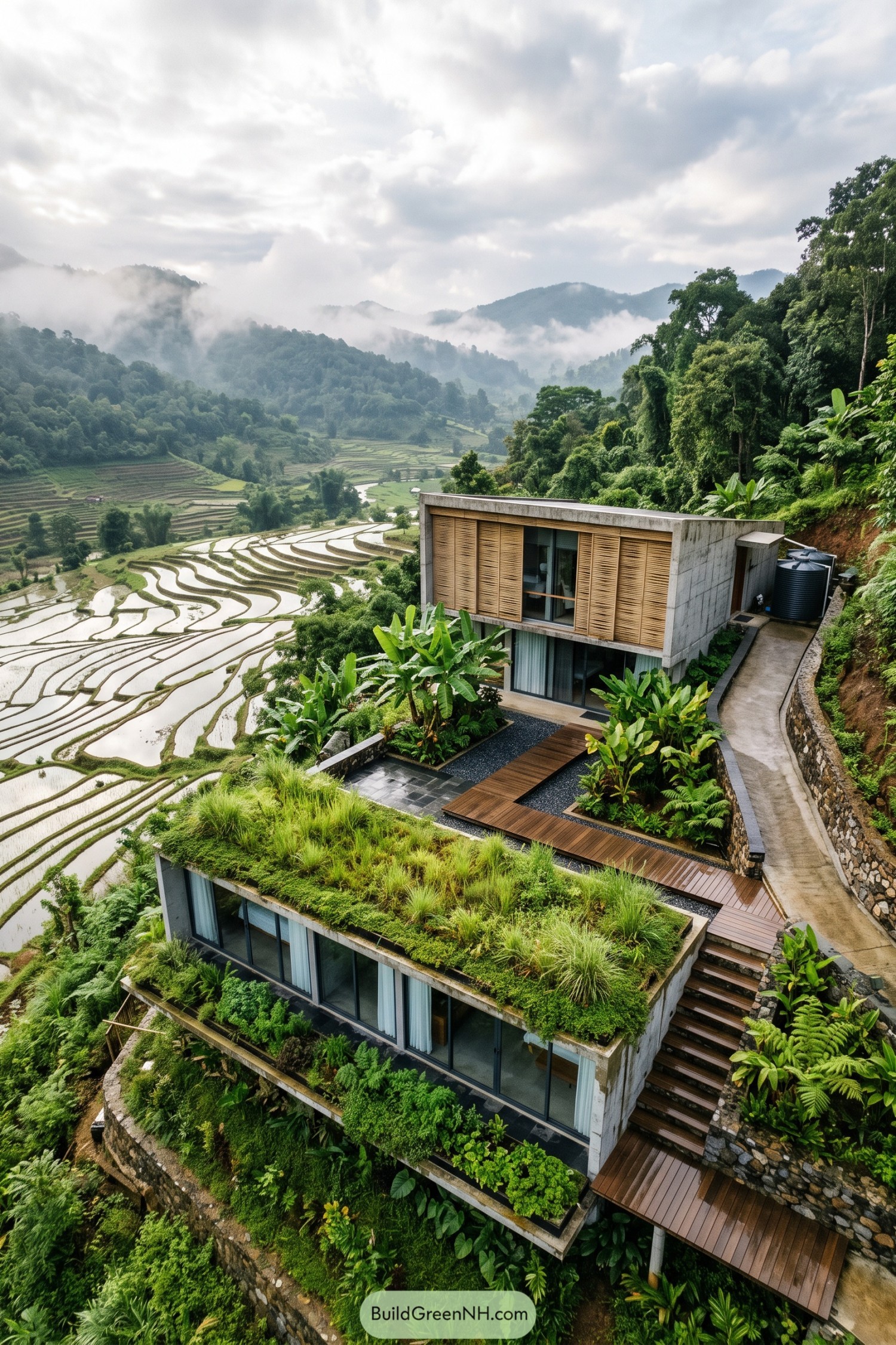 Stepped concrete home with green roofs overlooking rice paddies