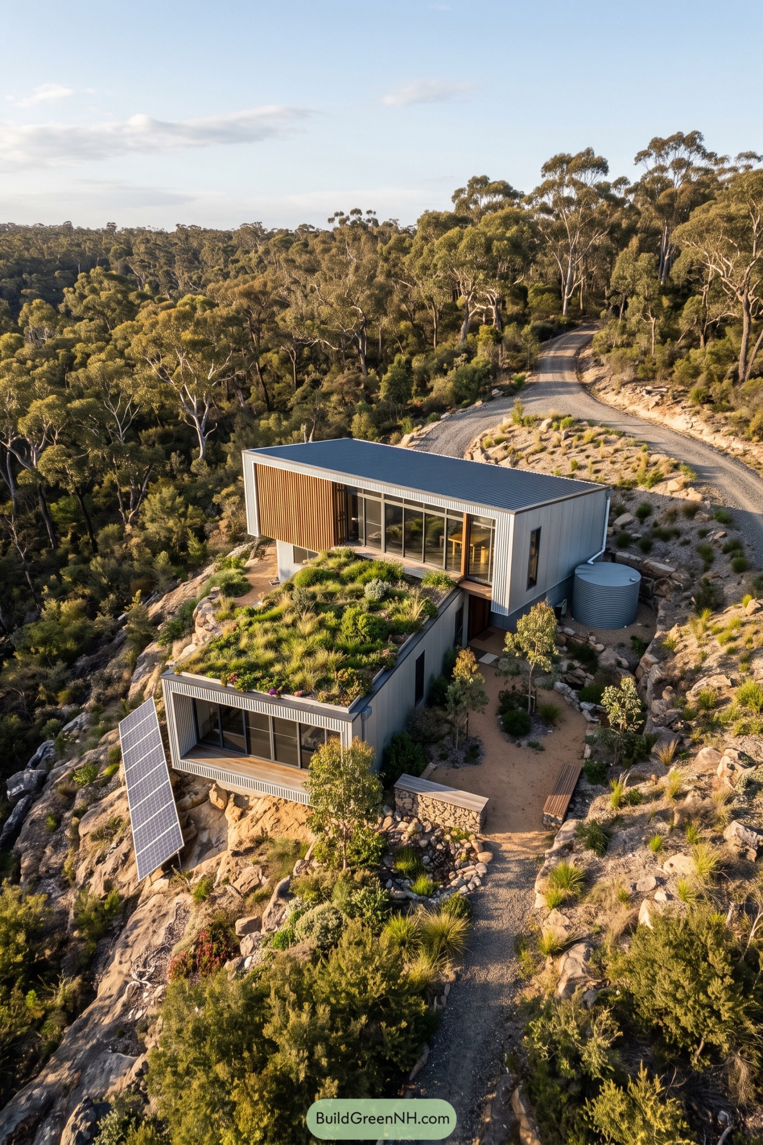 Compact hillside home with planted roof solar panel and water tank