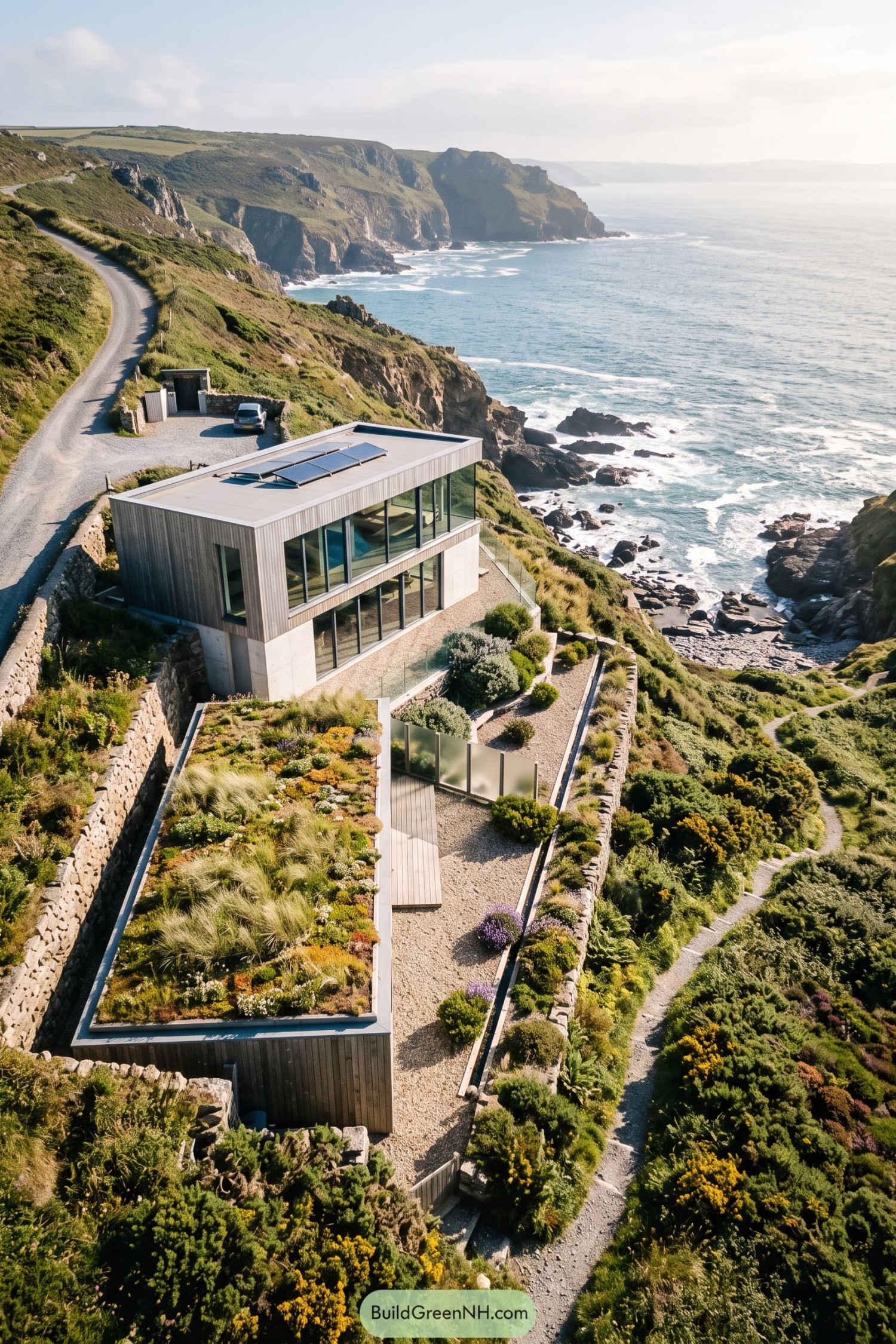 Modern glass home with coastal gardens above rocky cliffs