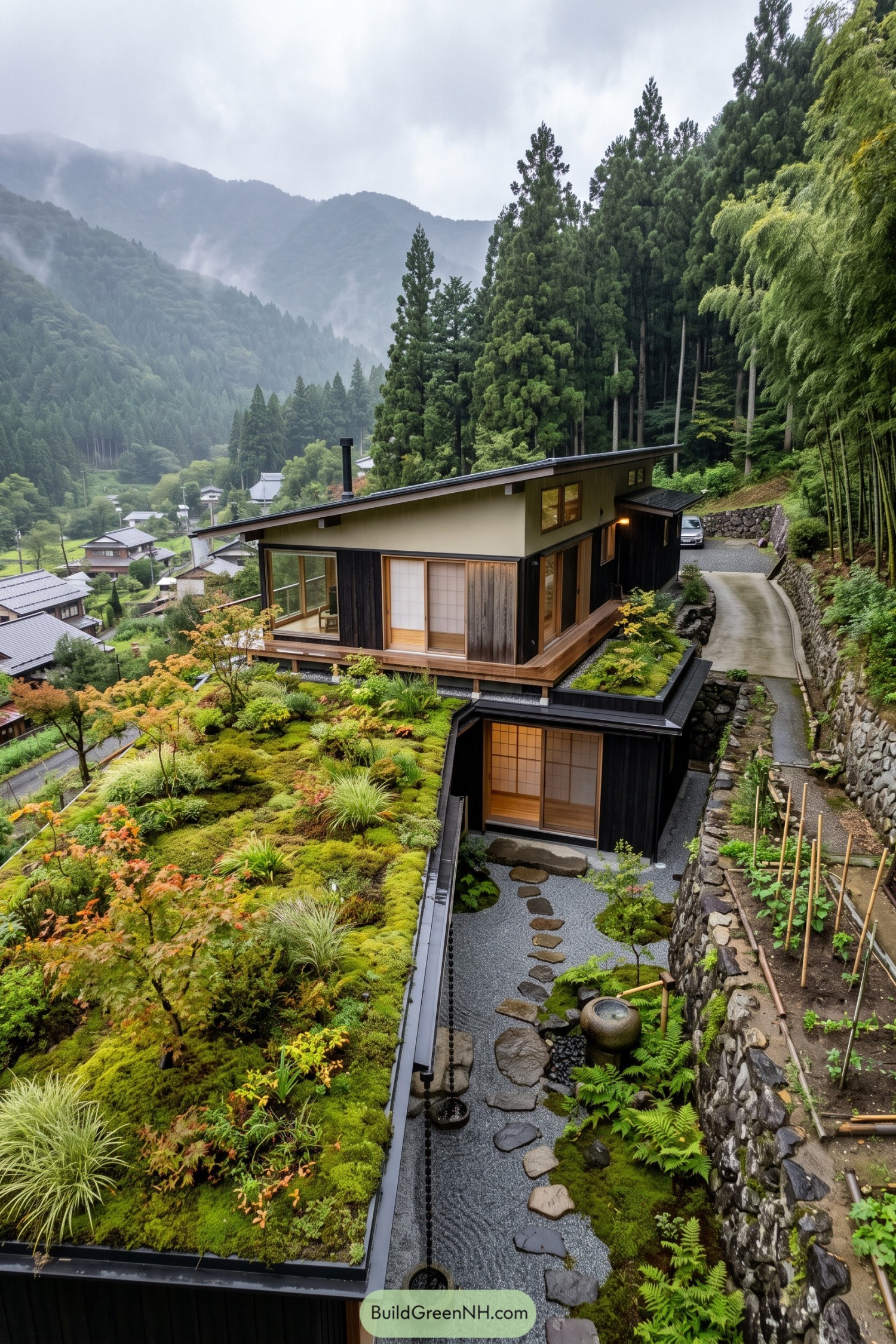 Hillside Japanese home with moss roof gardens