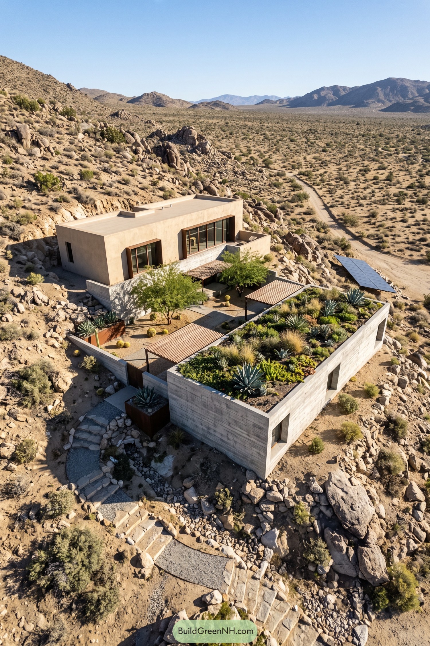 Modern hillside home with succulent garden and solar panels