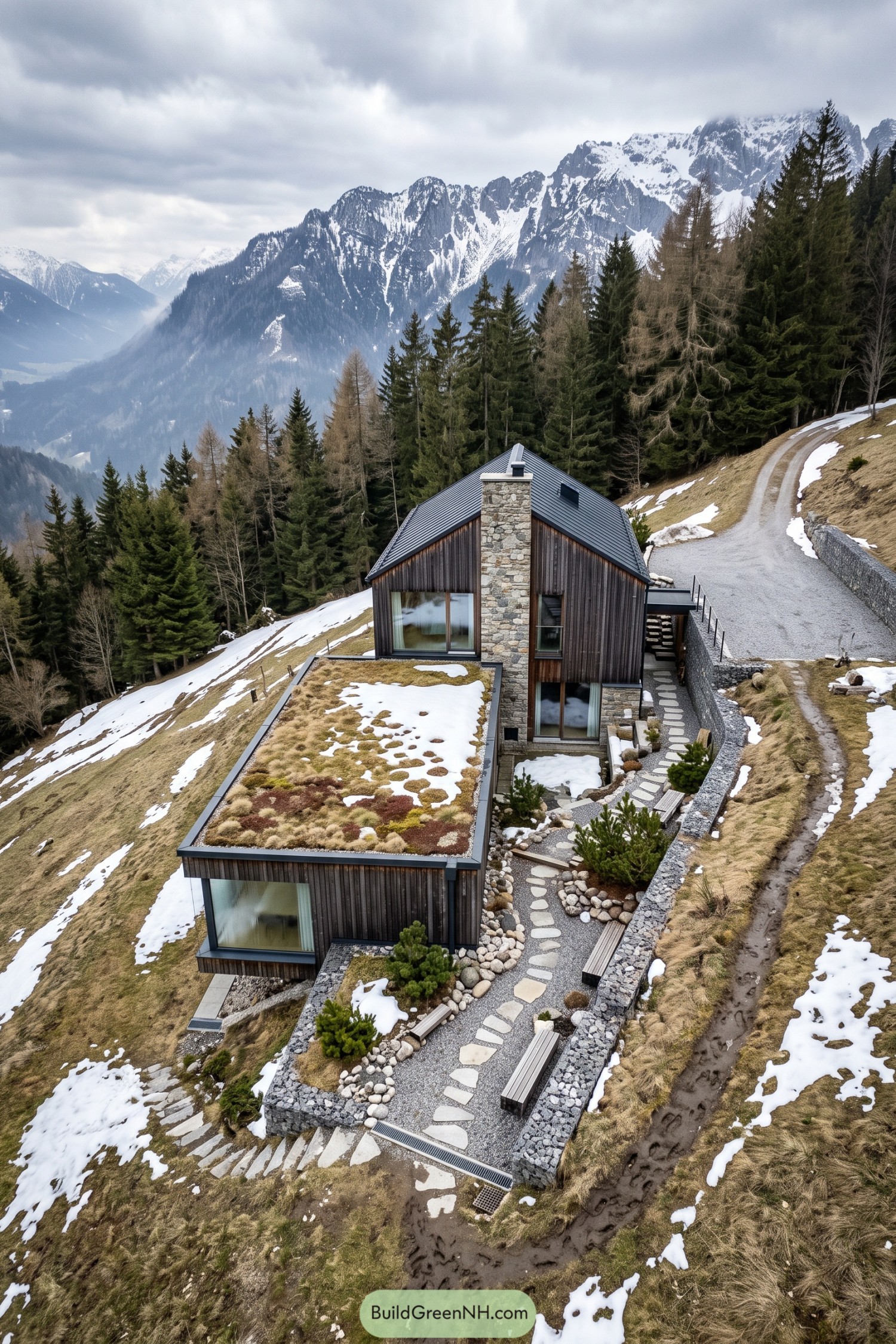 Timber hillside home with a planted roof and stone garden path beneath snowy mountains