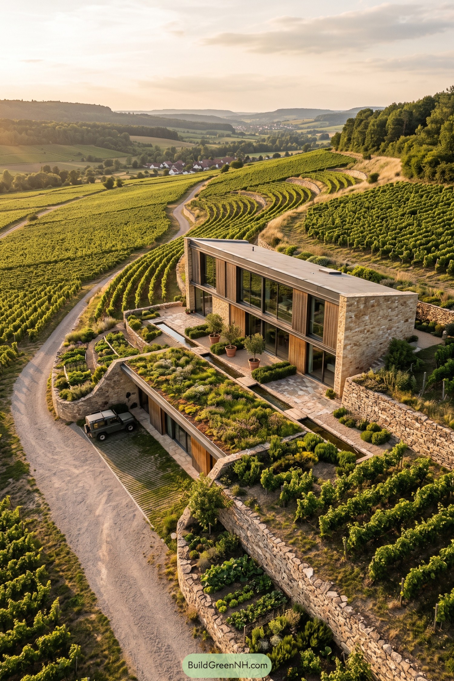 Modern stone home with terraced gardens overlooking vineyards