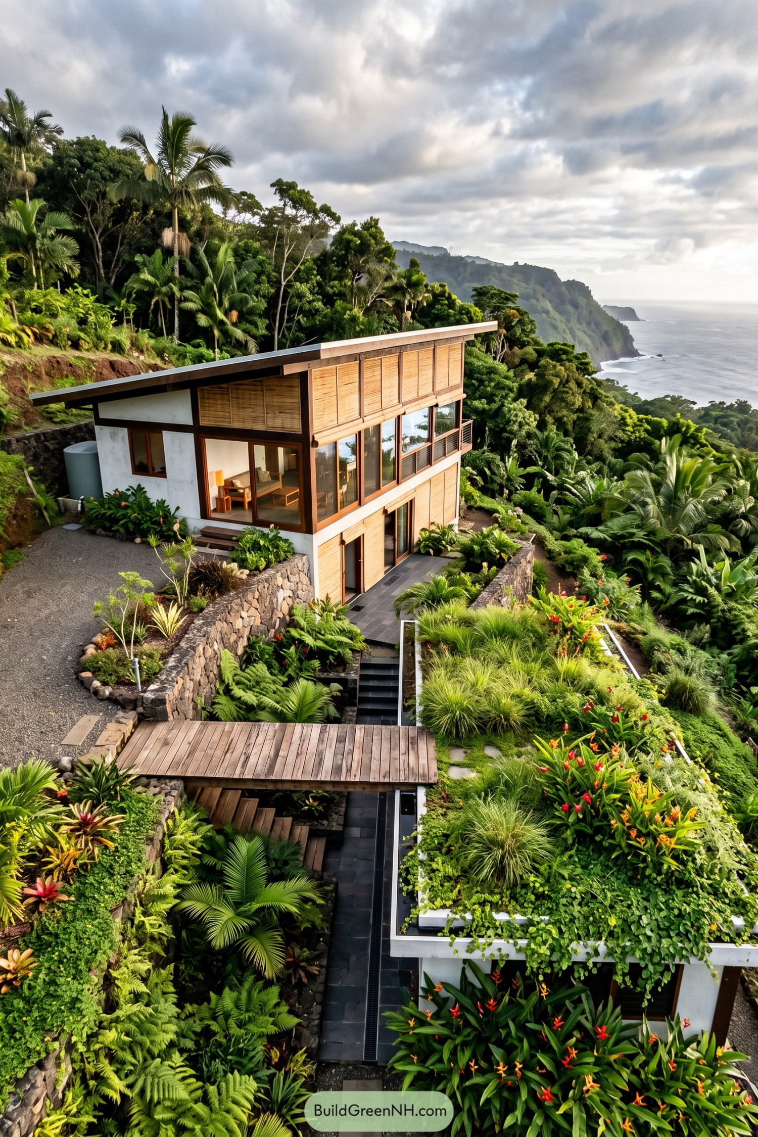 Wood-clad hillside home amid tropical gardens overlooking the sea