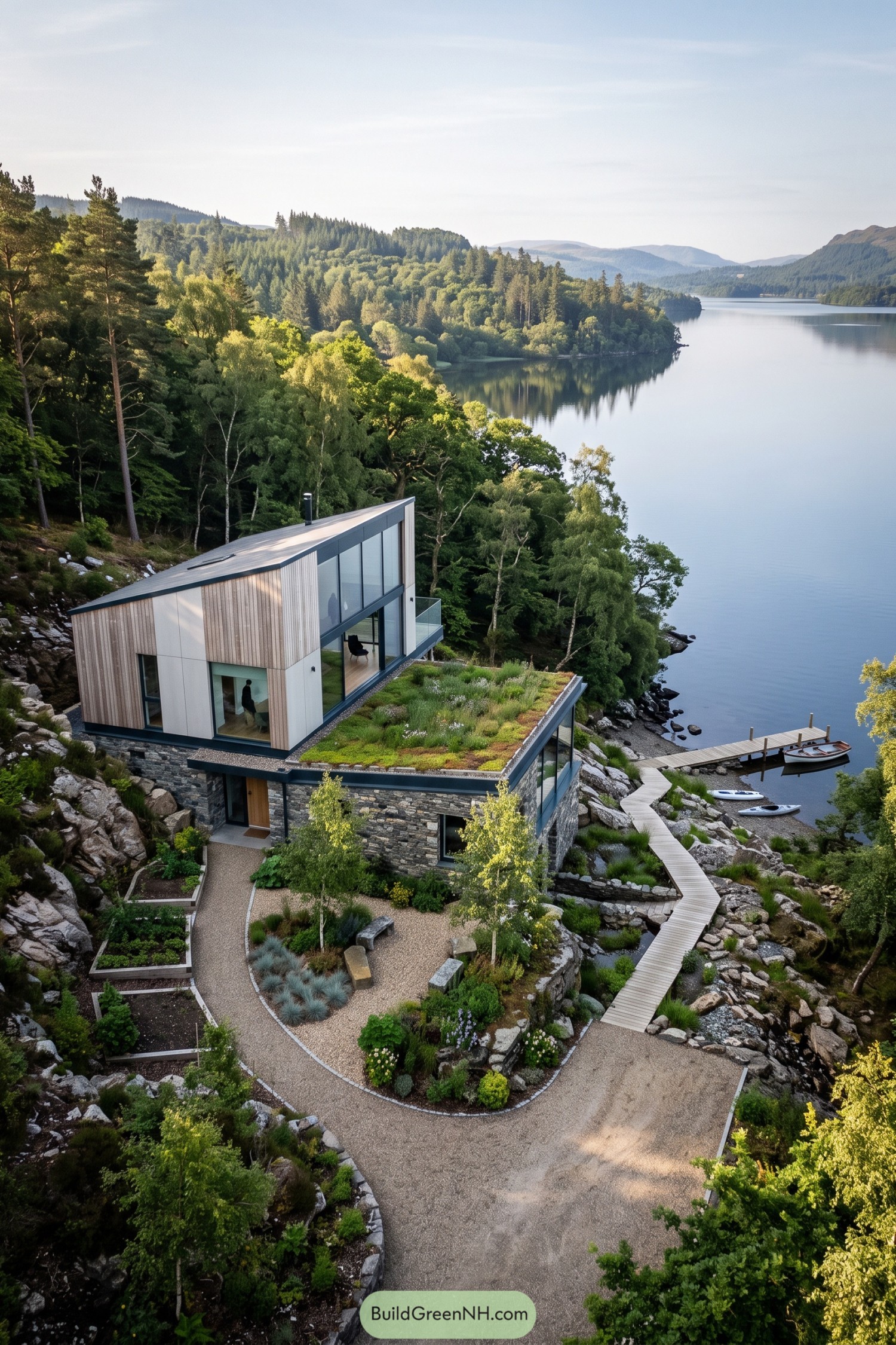 Modern hillside home with a planted roof overlooking a forest lake