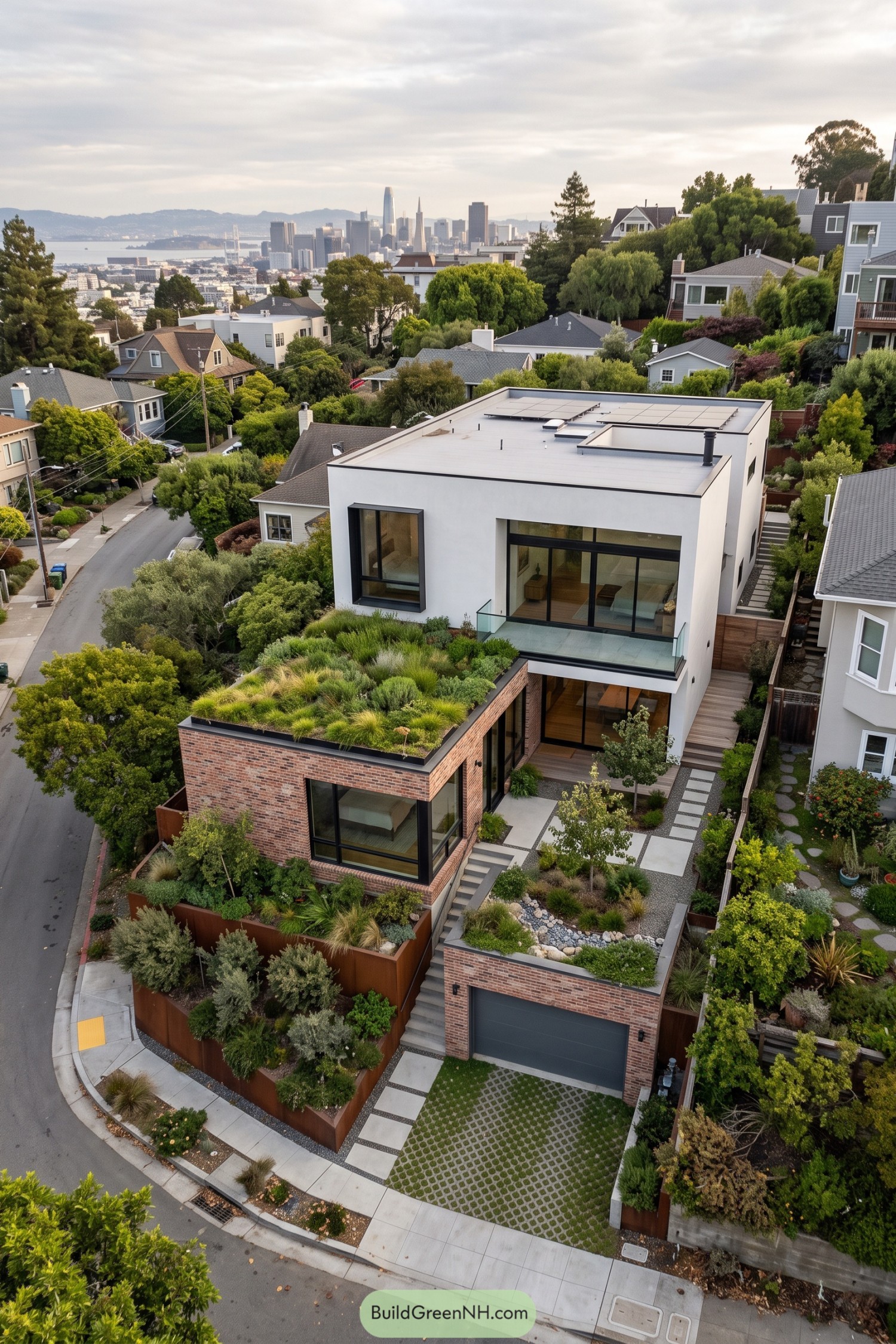 Modern hillside home with planted roof overlooking the city