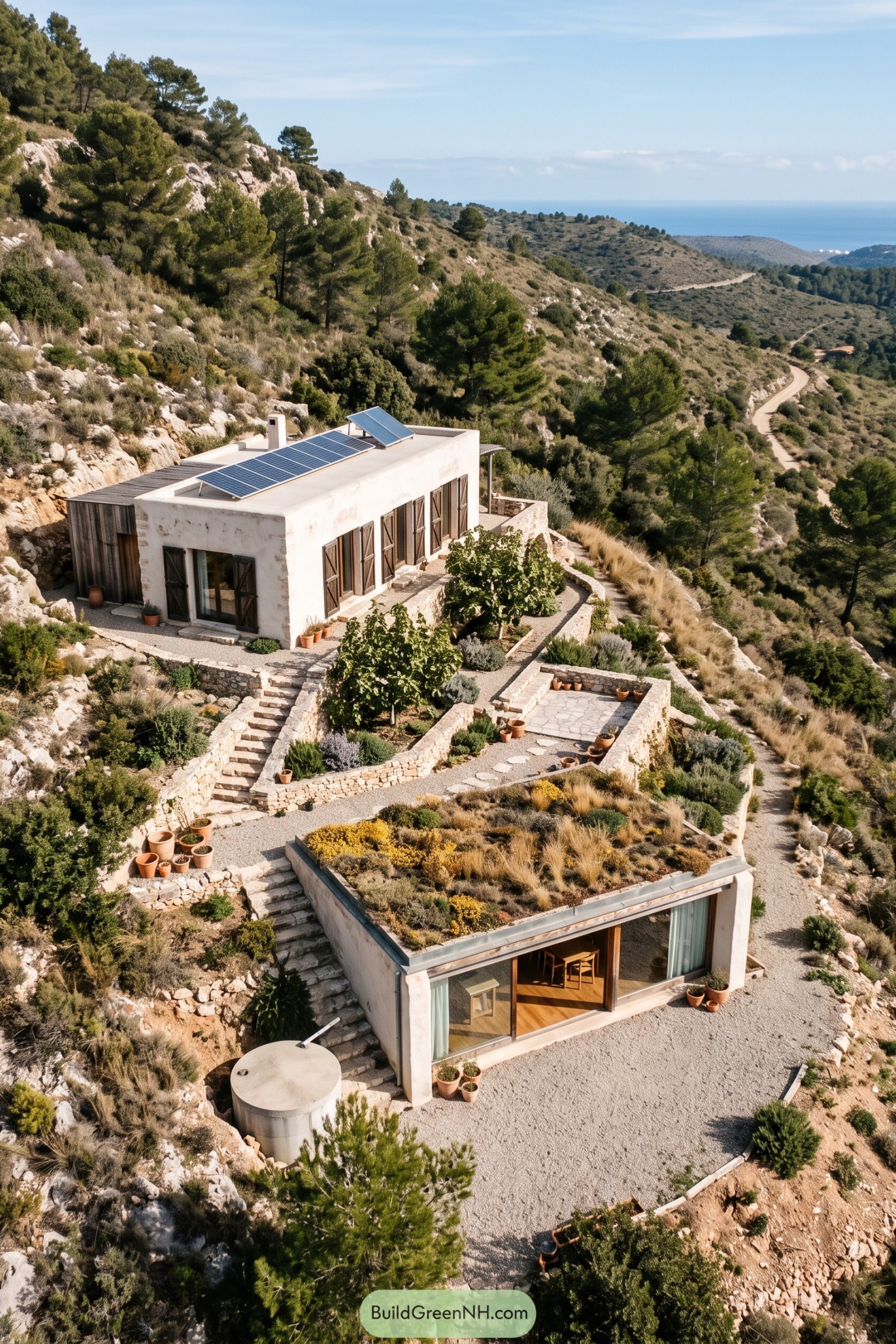 White hillside home with solar panels and terraced herb gardens