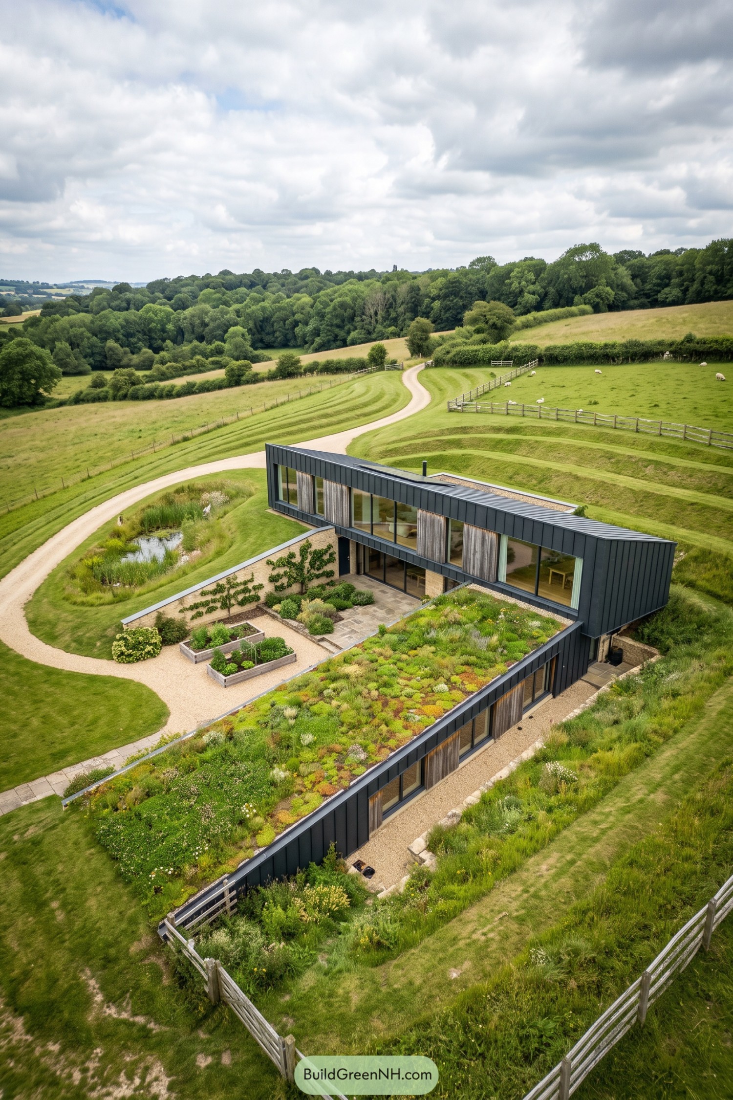 Modern hillside home with planted roofs overlooking pastureland