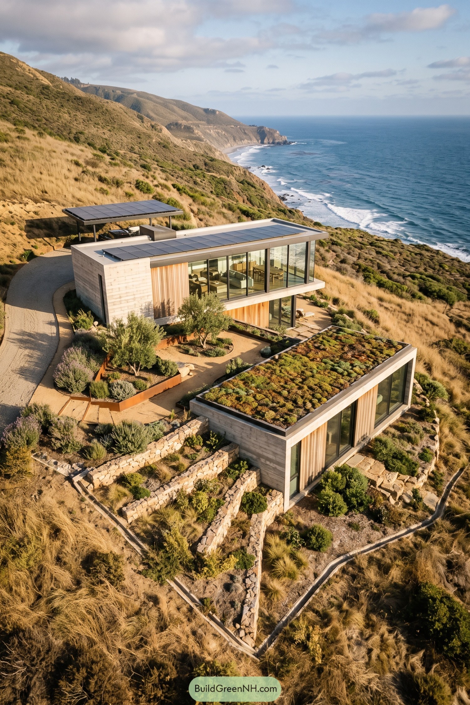 Modern hillside home with green roofs overlooking the ocean