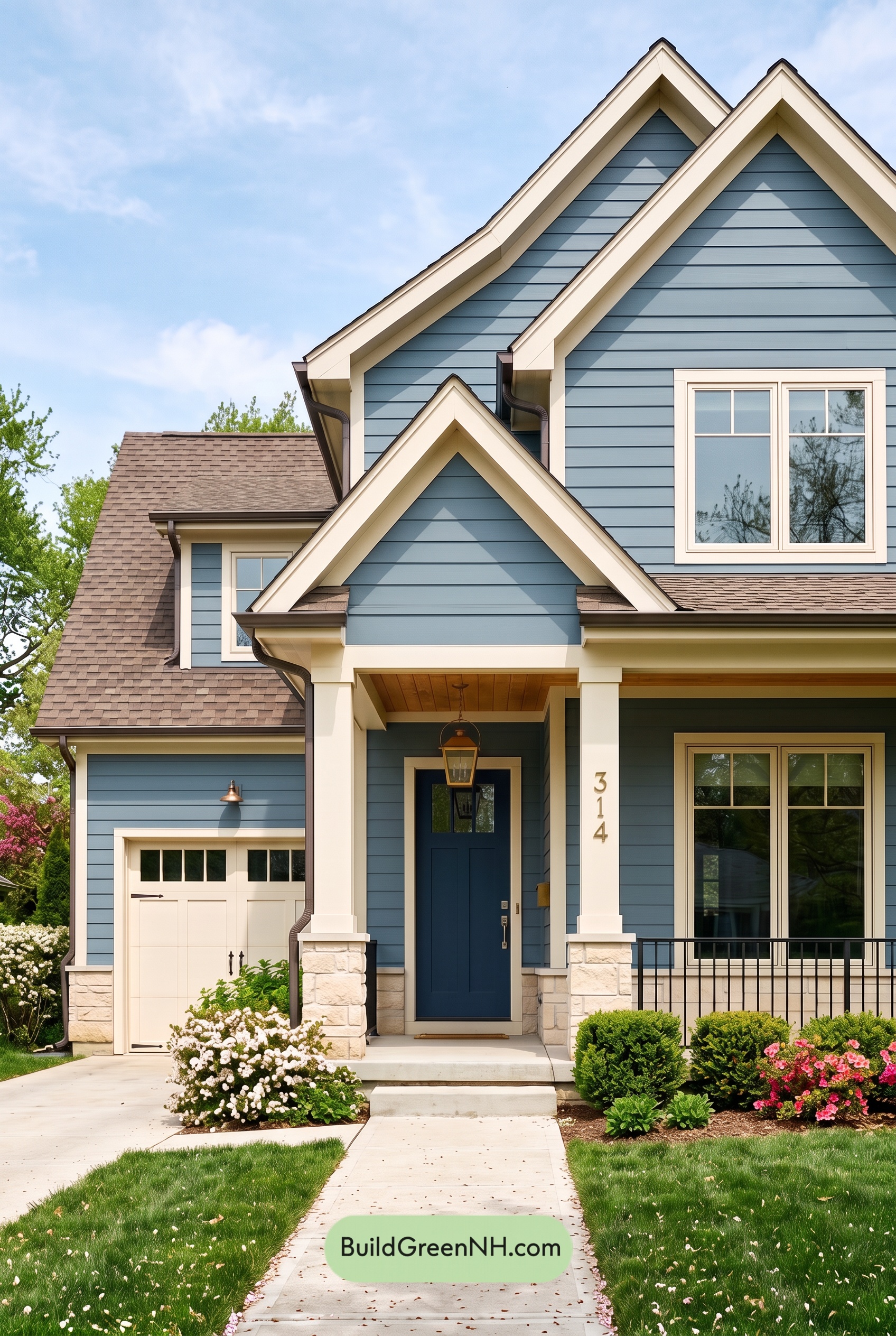 House with Brown Roof Exterior Color Scheme: Azure Brass Entry