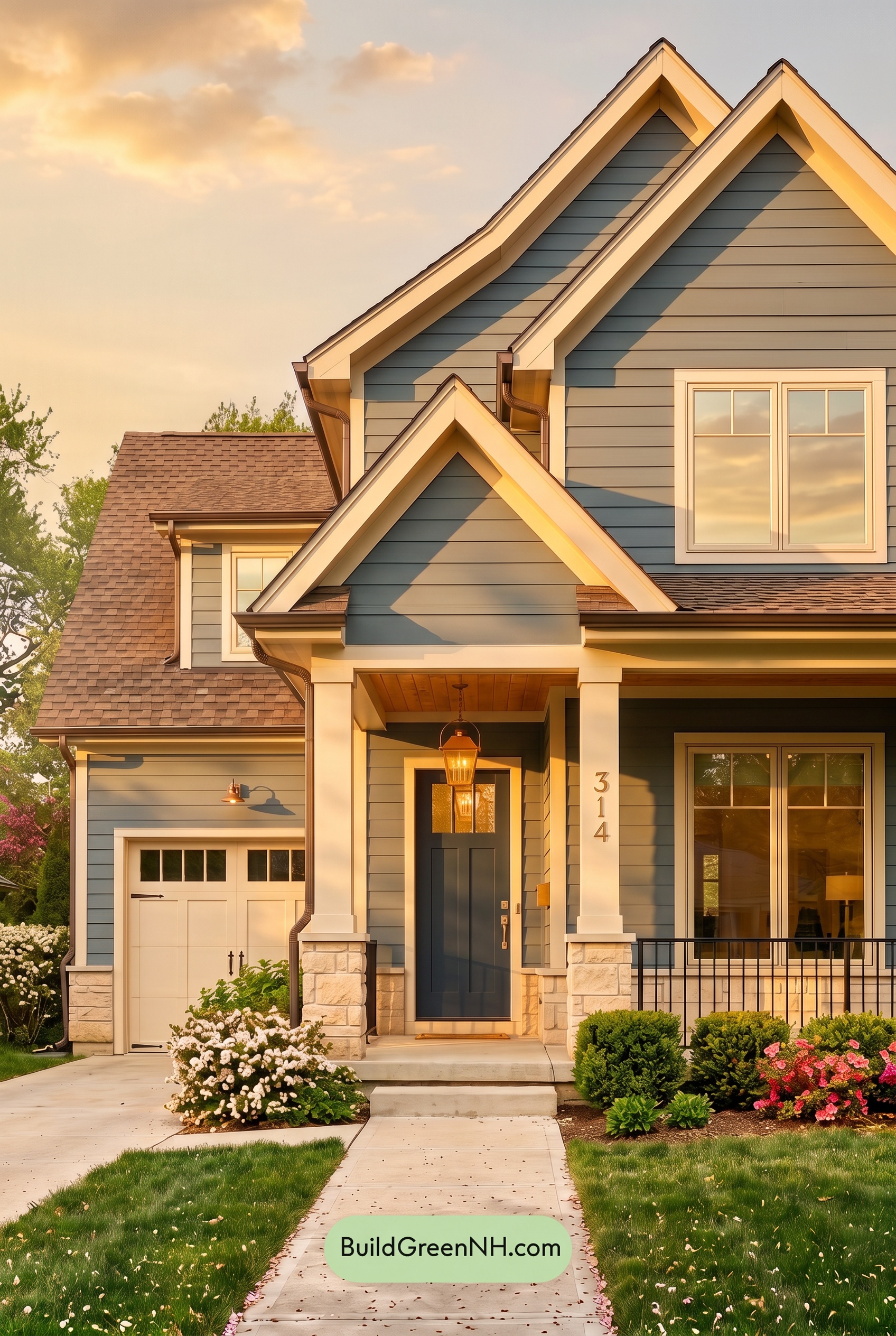 House with Brown Roof Exterior Color Scheme: Azure Brass Entry - Golden Hour