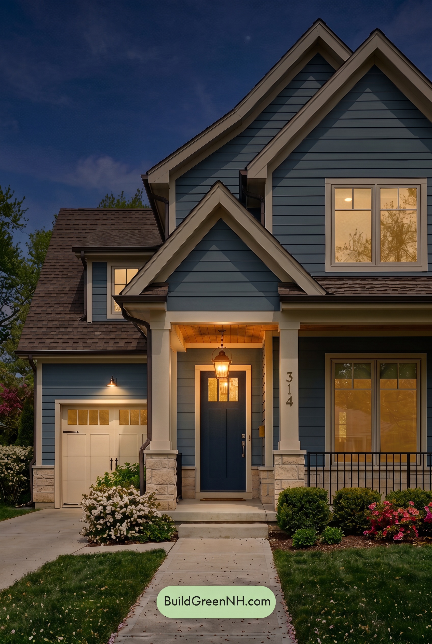 House with Brown Roof Exterior Color Scheme: Azure Brass Entry - Nighttime