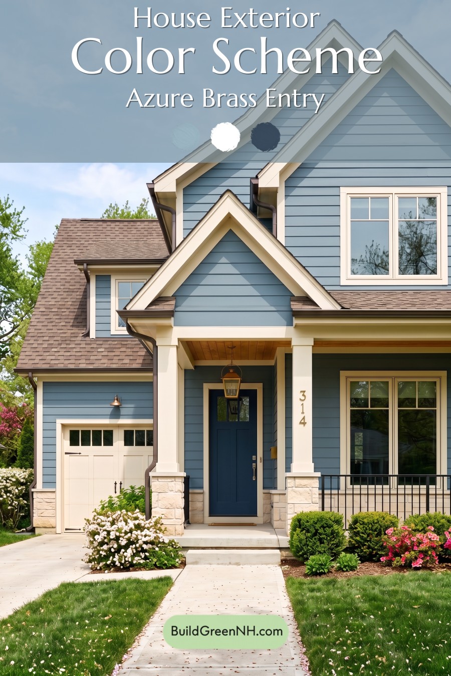 House with Brown Roof Exterior Color Scheme: Azure Brass Entry