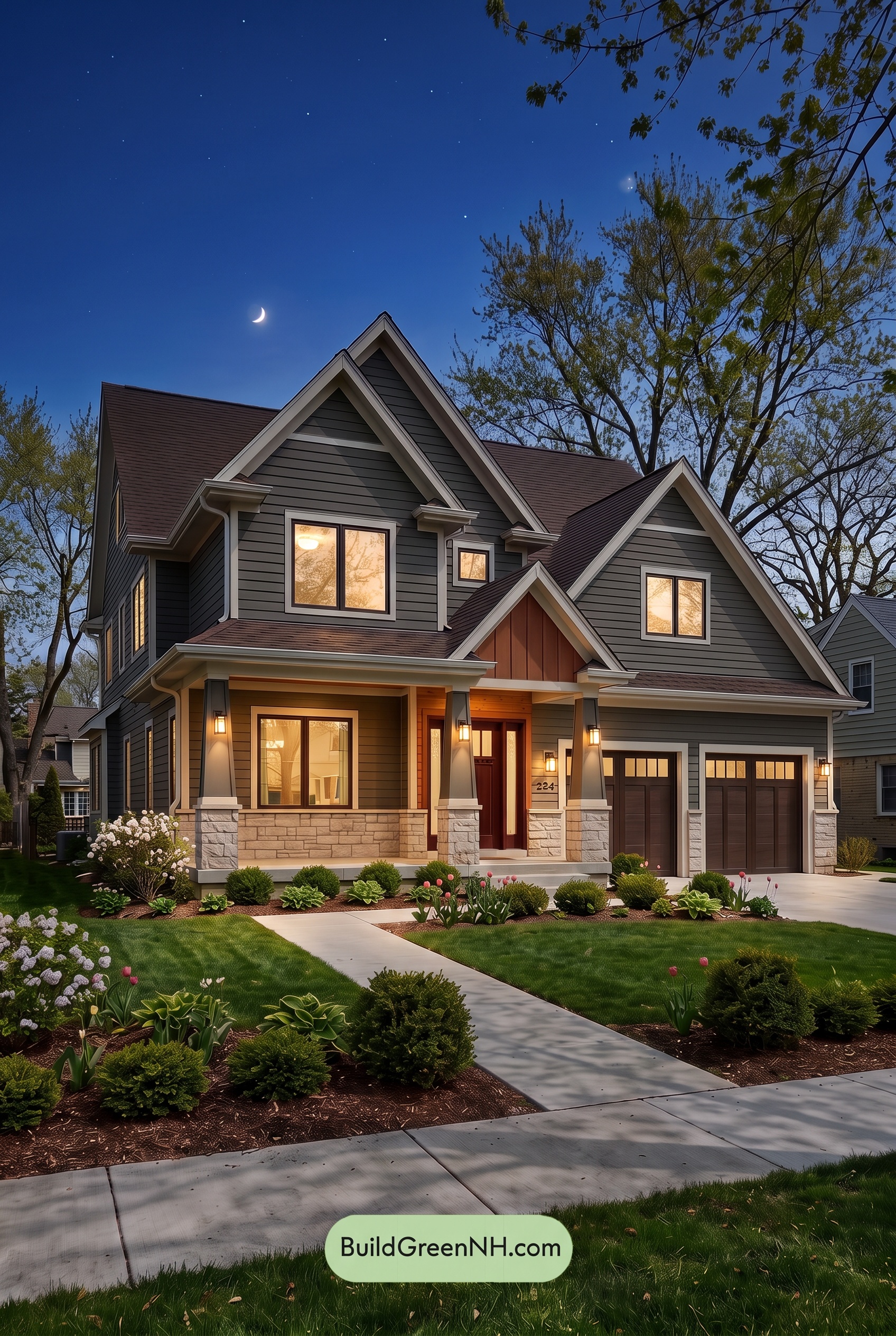 House with Brown Roof Exterior Color Scheme: Cedar Ember Grey - Nighttime