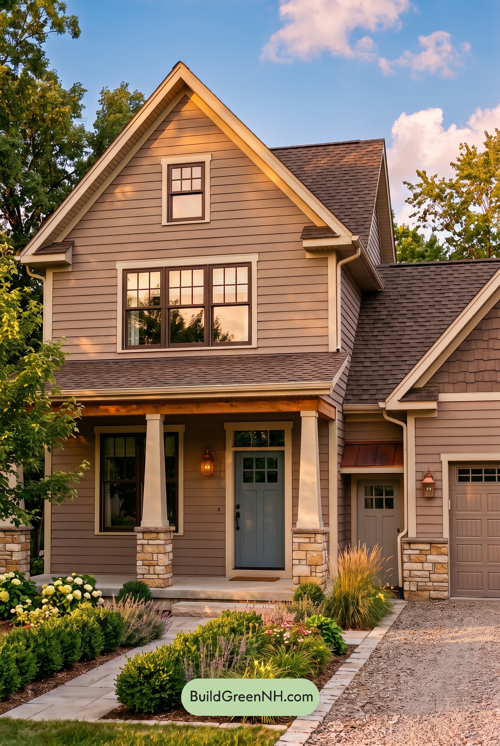 House with Brown Roof Exterior Color Scheme: Cocoa Veranda Spark - Golden Hour