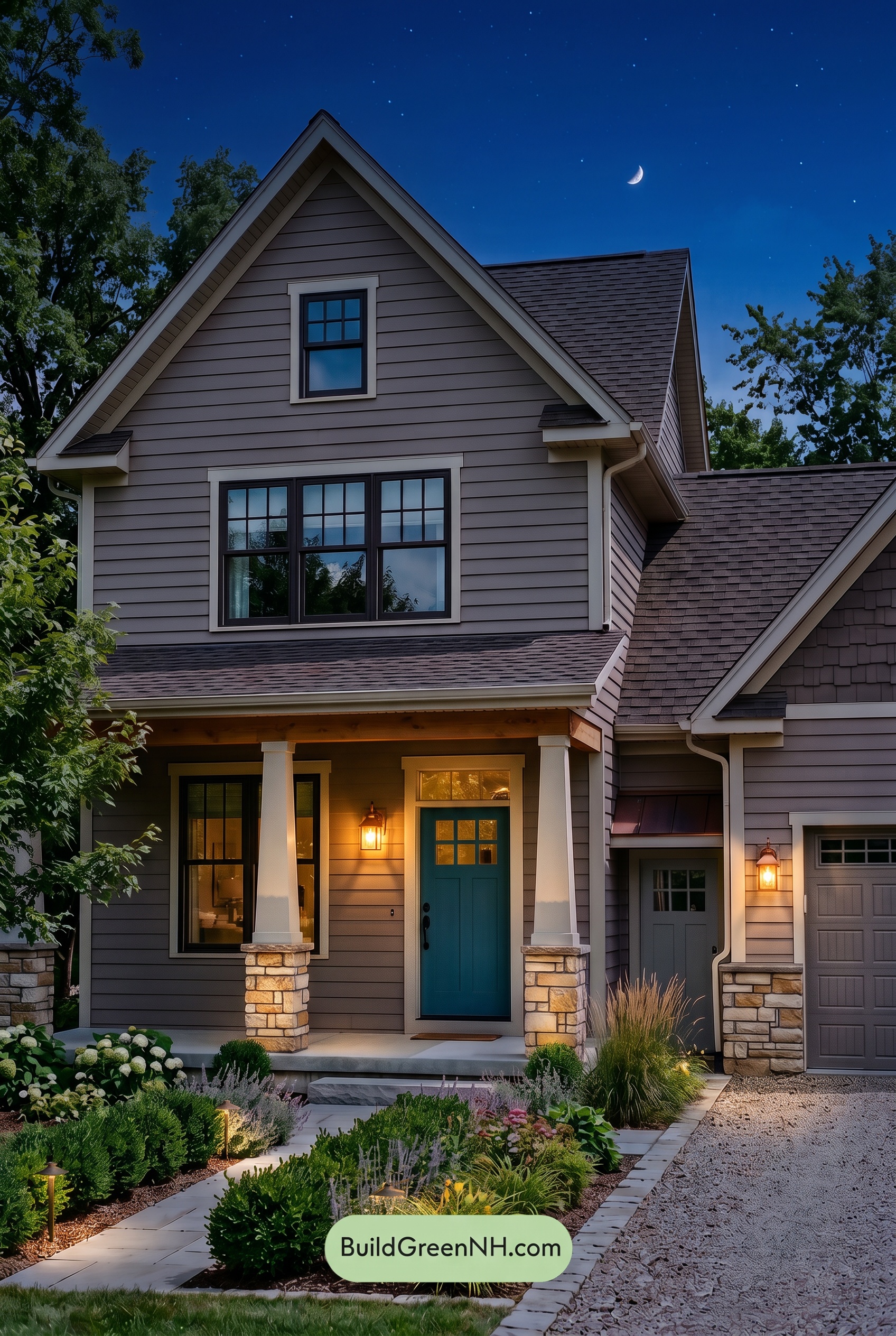 House with Brown Roof Exterior Color Scheme: Cocoa Veranda Spark - Nighttime