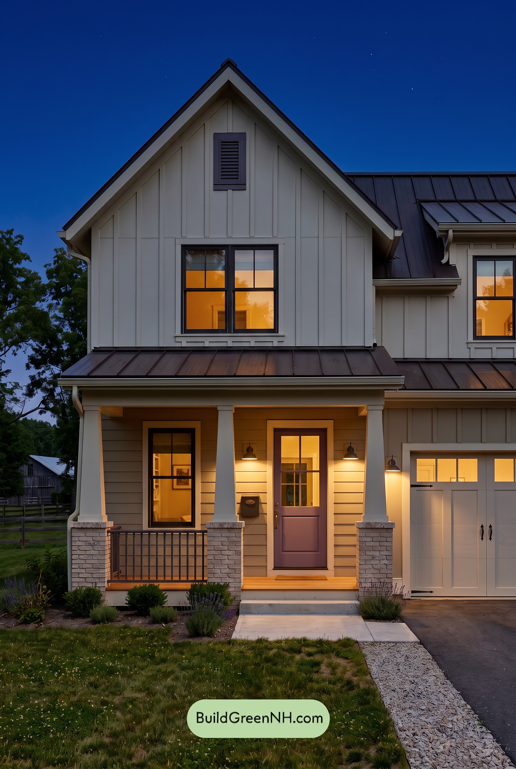 House with Brown Roof Exterior Color Scheme: Creamwork Horizon - Nighttime