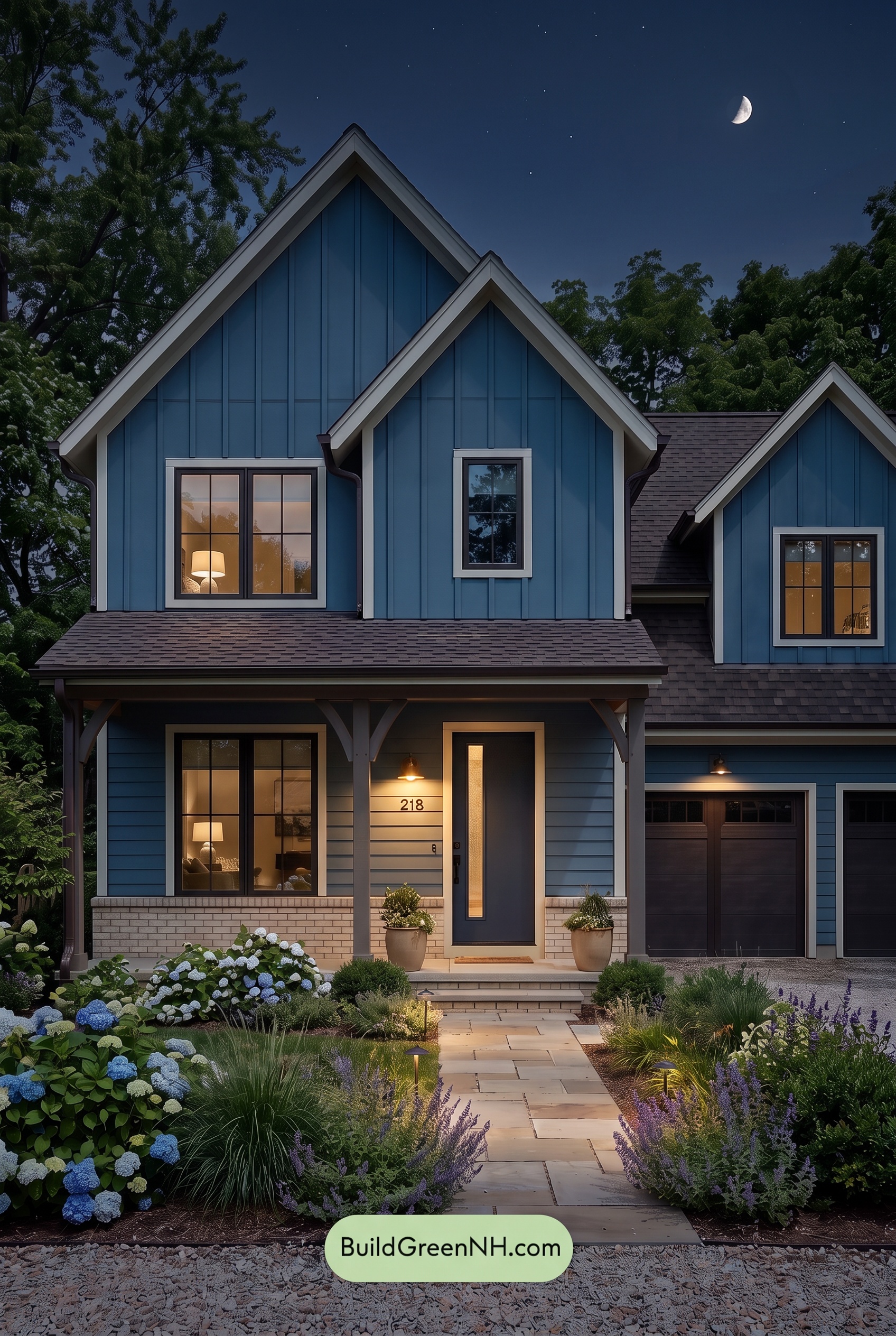 House with Brown Roof Exterior Color Scheme: Harbor Clay Gable - Nighttime