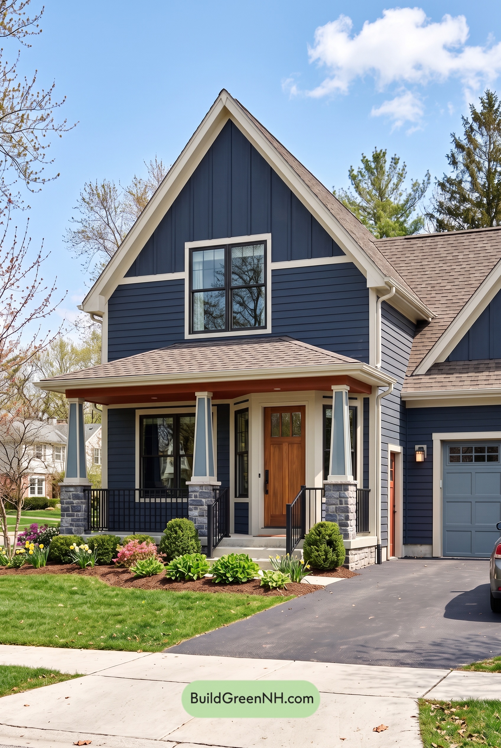 House with Brown Roof Exterior Color Scheme: Indigo Maple Porch