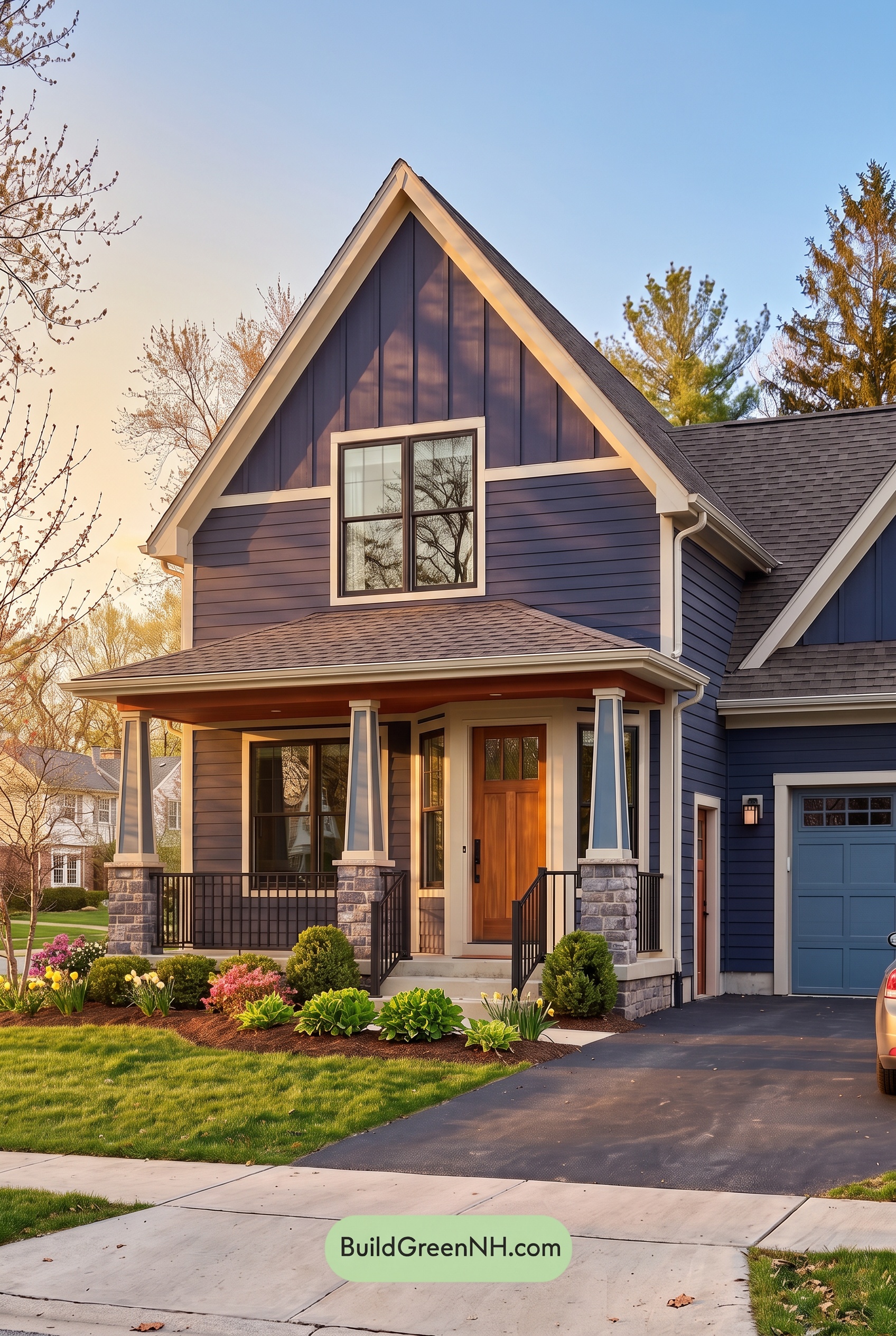 House with Brown Roof Exterior Color Scheme: Indigo Maple Porch - Golden Hour
