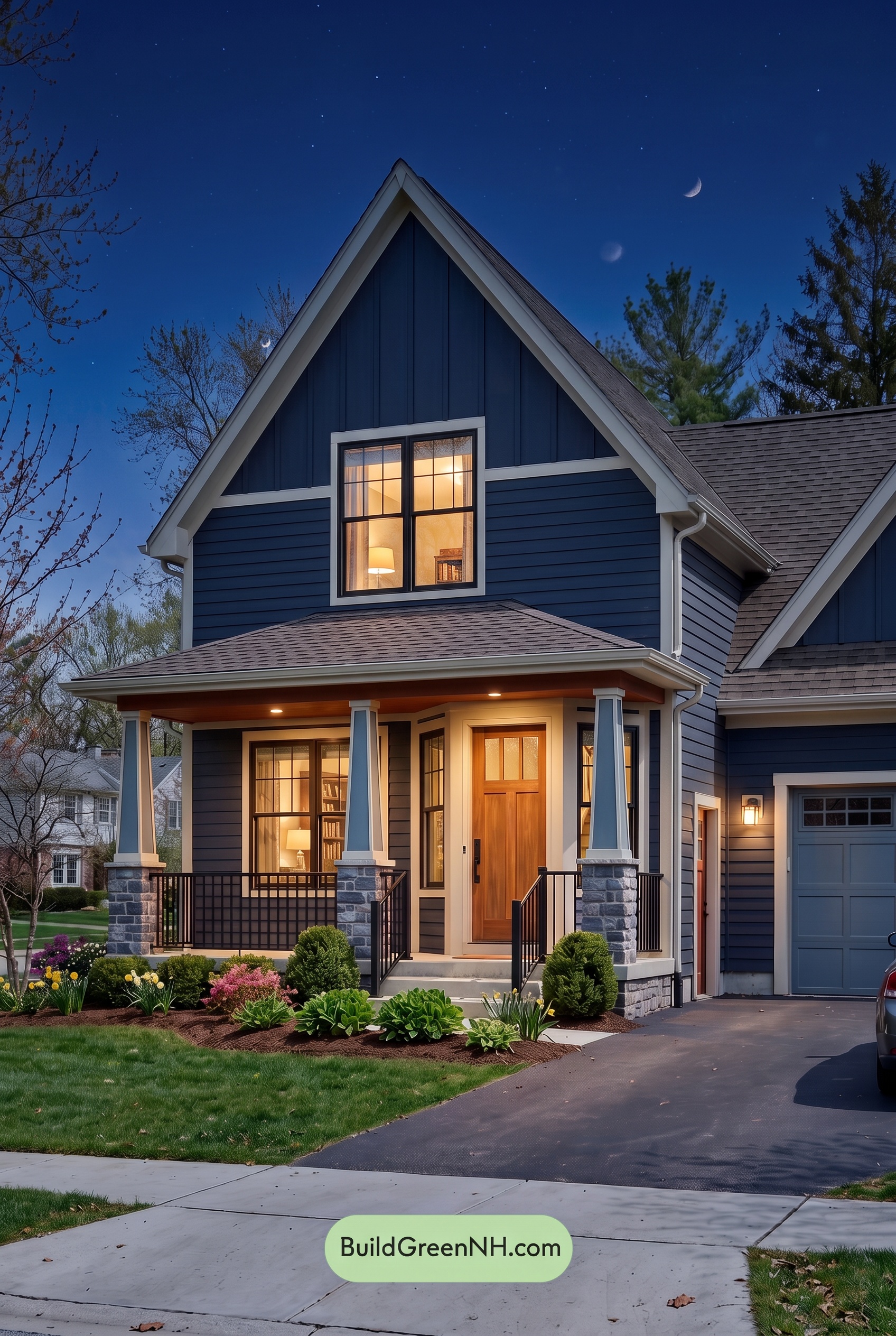 House with Brown Roof Exterior Color Scheme: Indigo Maple Porch - Nighttime