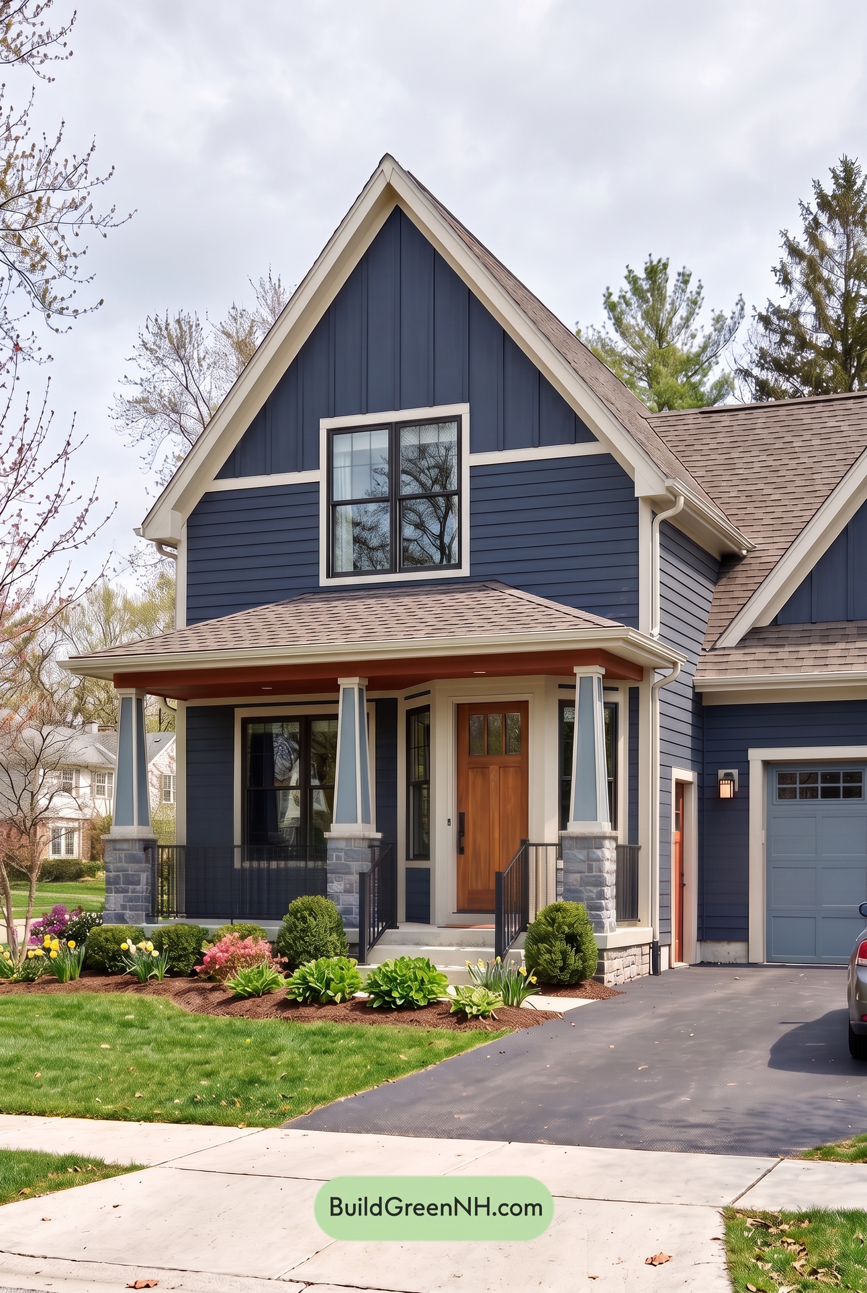 House with Brown Roof Exterior Color Scheme: Indigo Maple Porch - Overcast