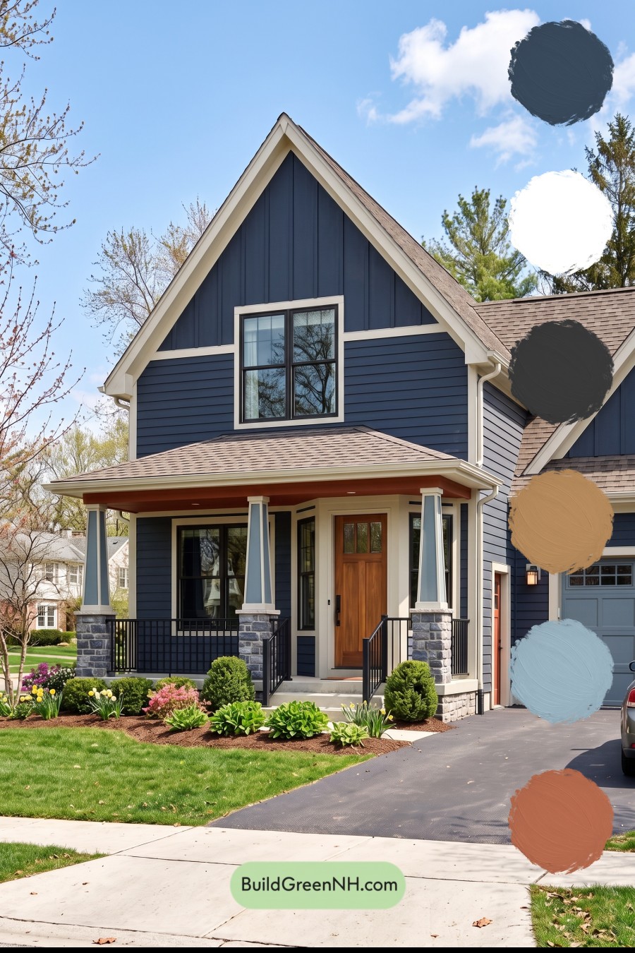 House with Brown Roof Exterior Color Scheme: Indigo Maple Porch