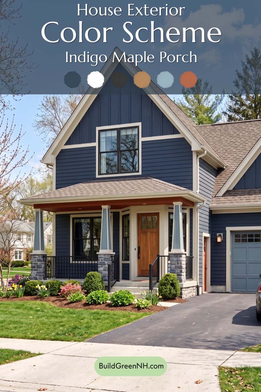 House with Brown Roof Exterior Color Scheme: Indigo Maple Porch