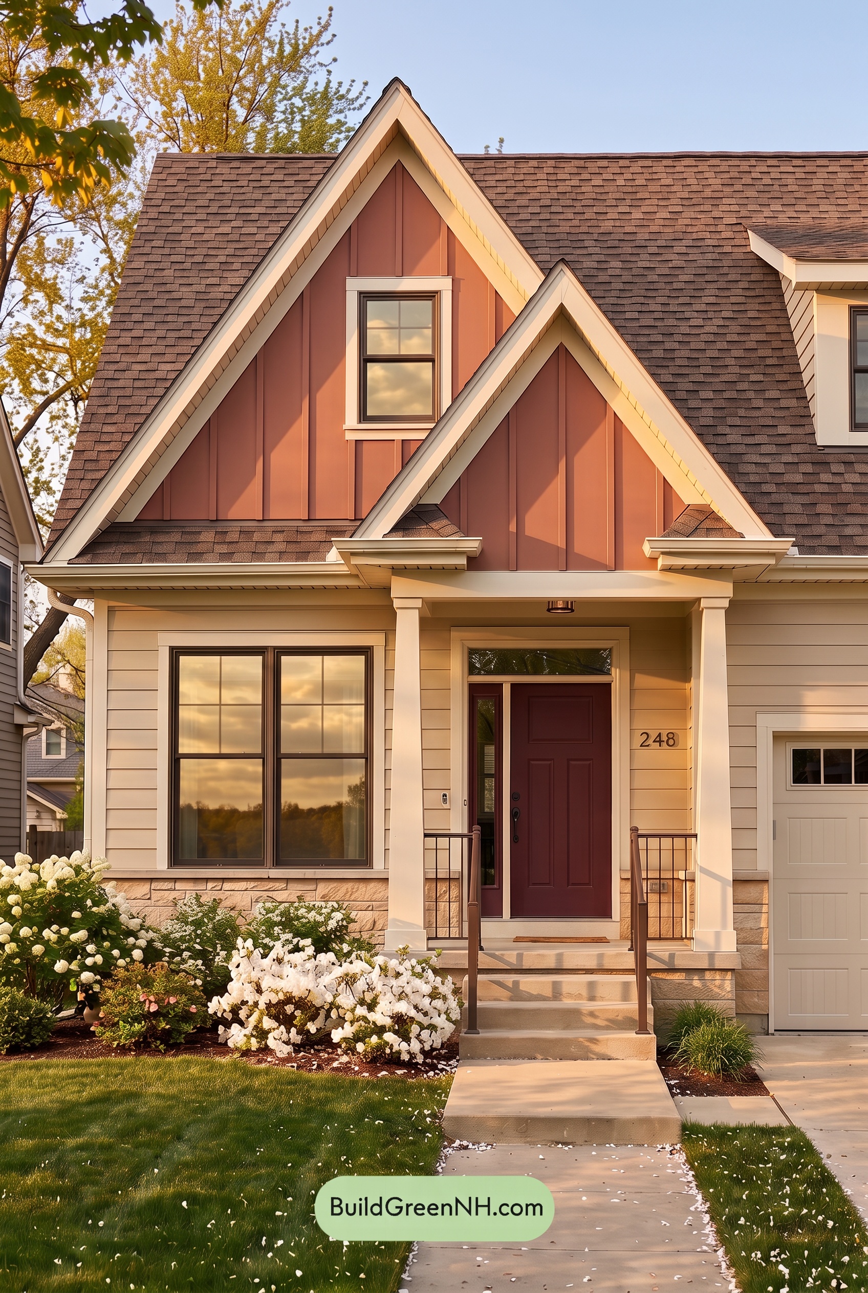 House with Brown Roof Exterior Color Scheme: Ivory Hearthline - Golden Hour