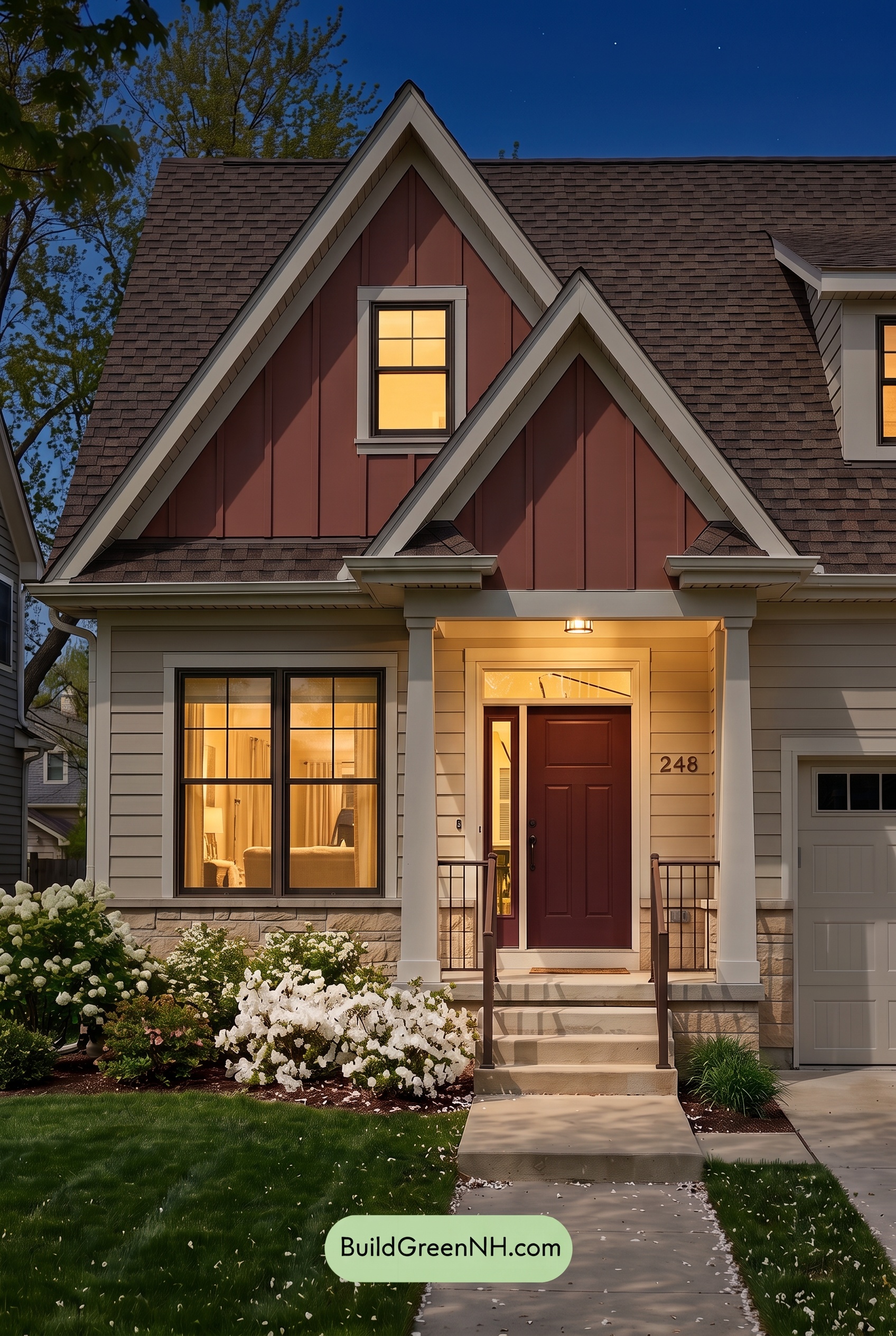 House with Brown Roof Exterior Color Scheme: Ivory Hearthline - Nighttime