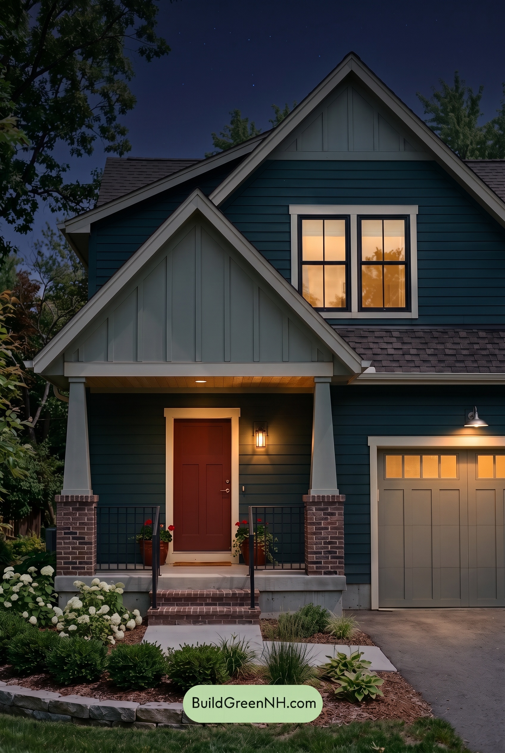 House with Brown Roof Exterior Color Scheme: Juniper Bricklight - Nighttime