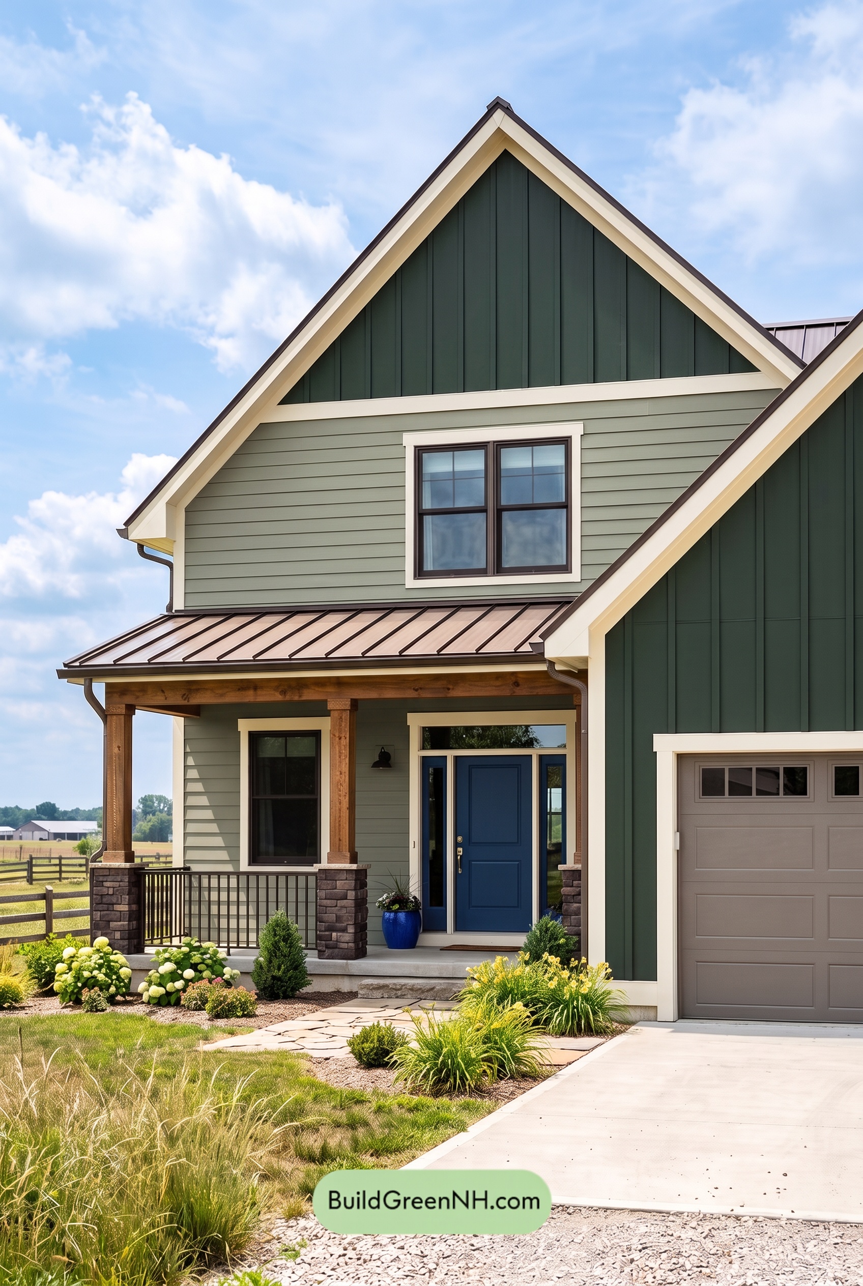 House with Brown Roof Exterior Color Scheme: Laurel Cobalt Porch
