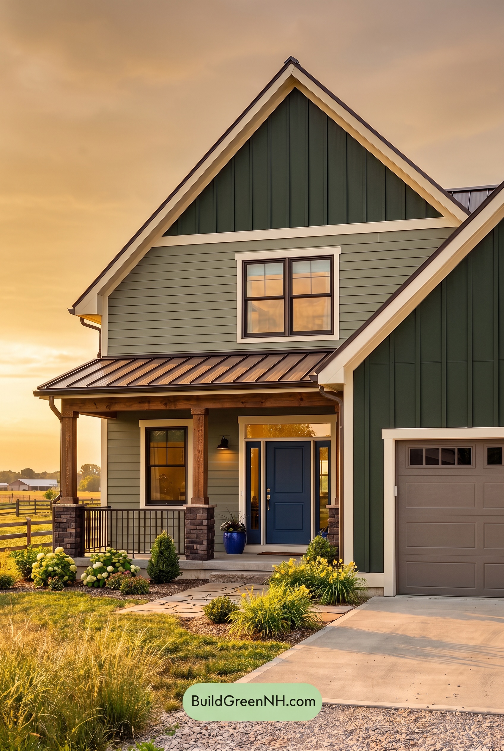 House with Brown Roof Exterior Color Scheme: Laurel Cobalt Porch - Golden Hour