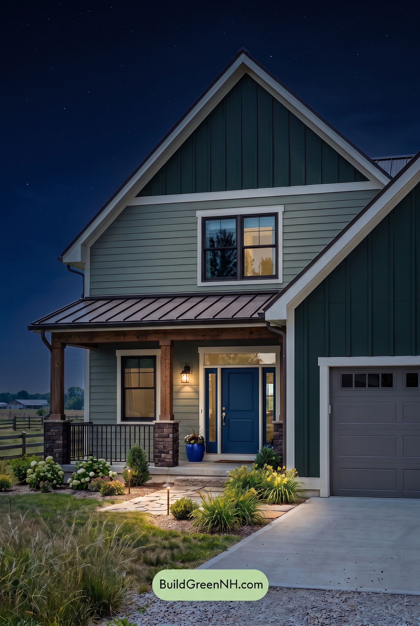 House with Brown Roof Exterior Color Scheme: Laurel Cobalt Porch - Nighttime