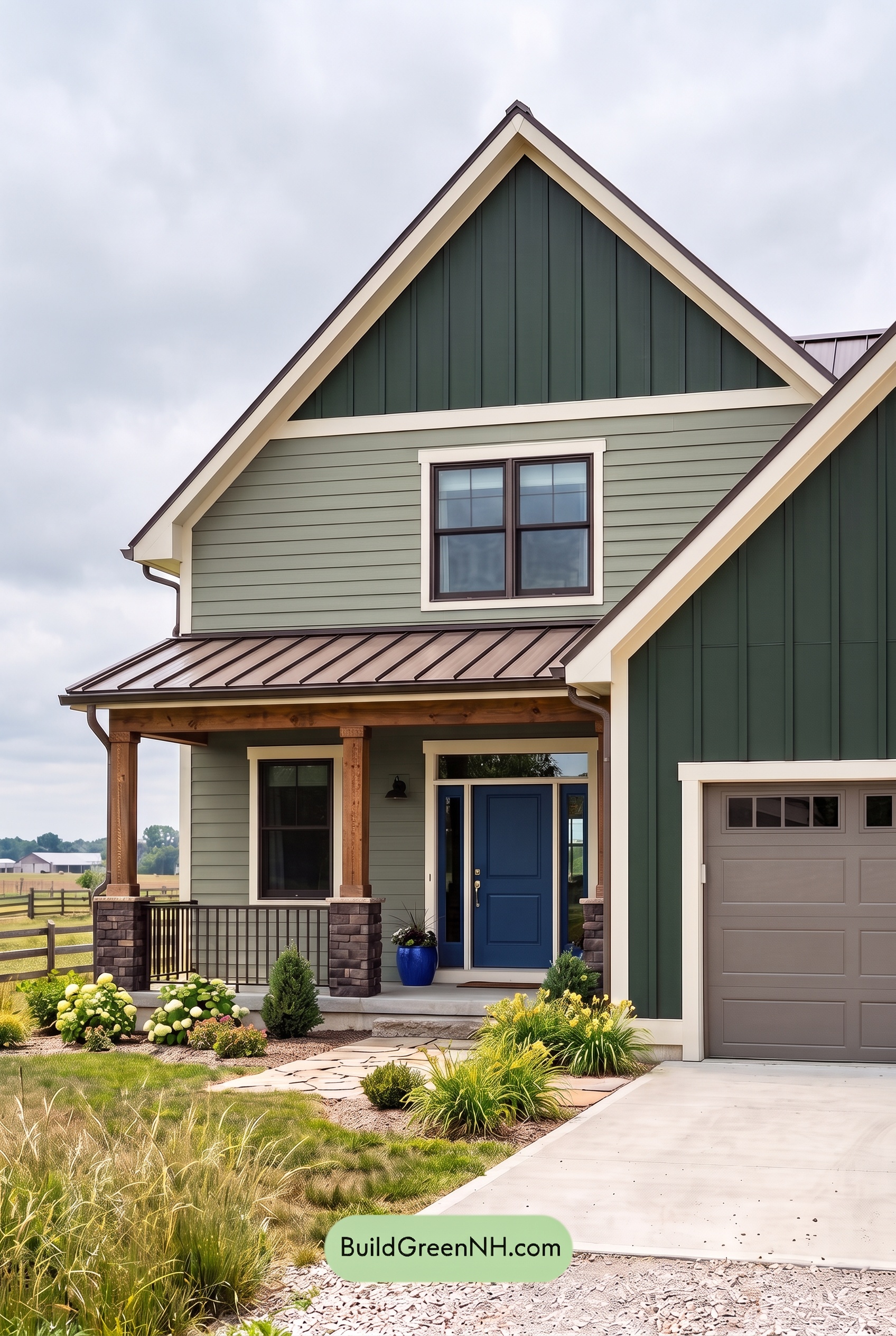 House with Brown Roof Exterior Color Scheme: Laurel Cobalt Porch - Overcast