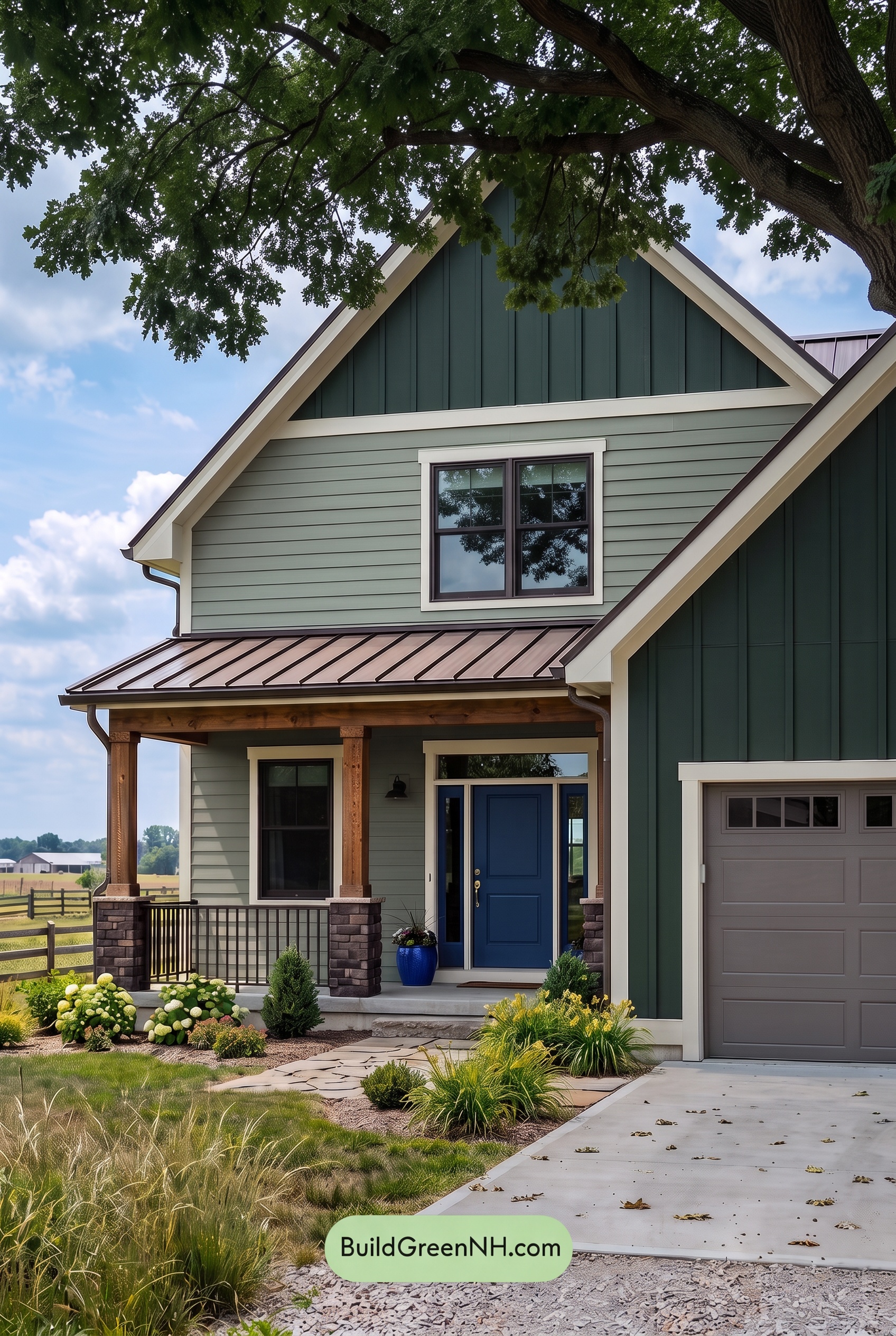 House with Brown Roof Exterior Color Scheme: Laurel Cobalt Porch - Shade