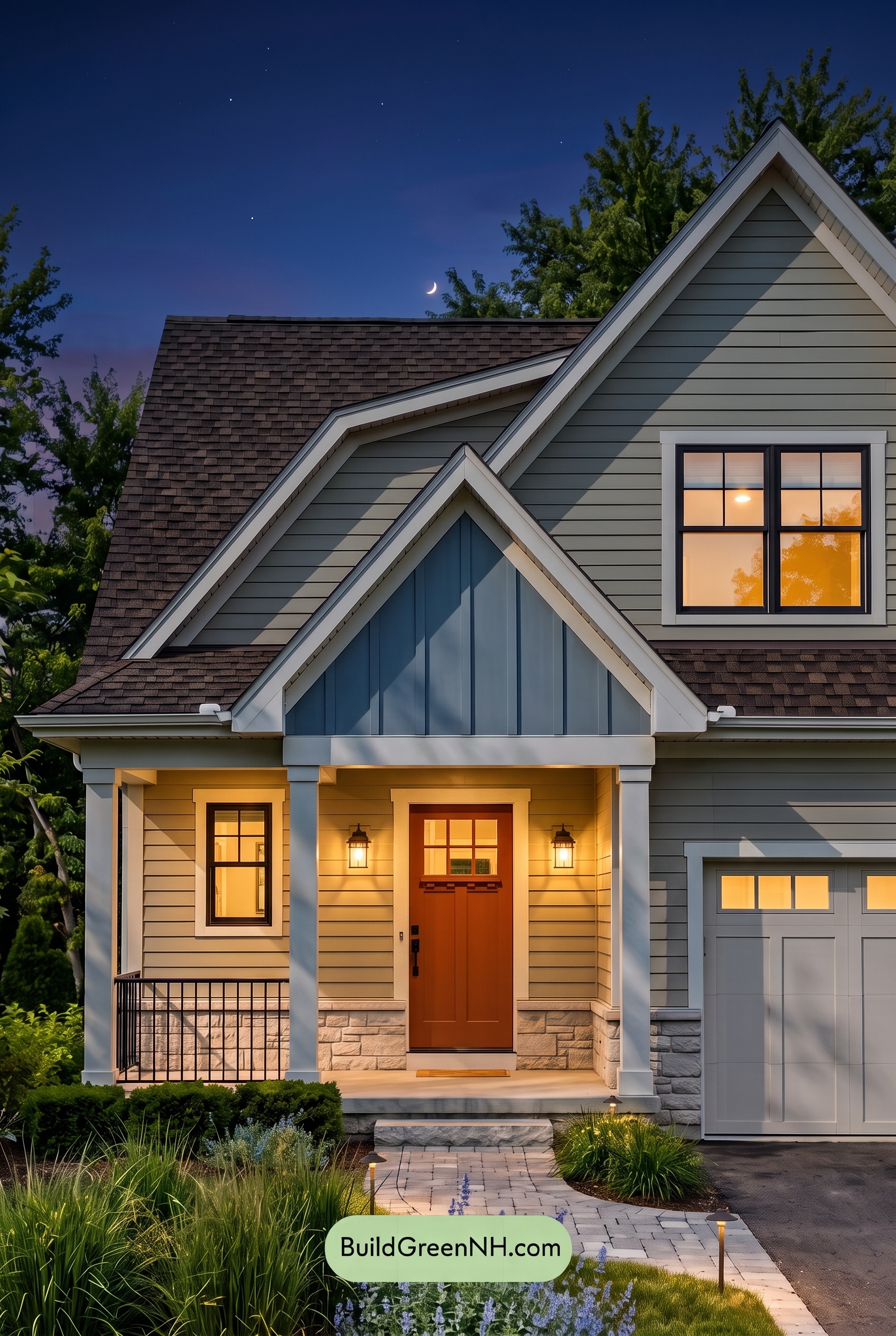 House with Brown Roof Exterior Color Scheme: Linen Coppercrest - Nighttime