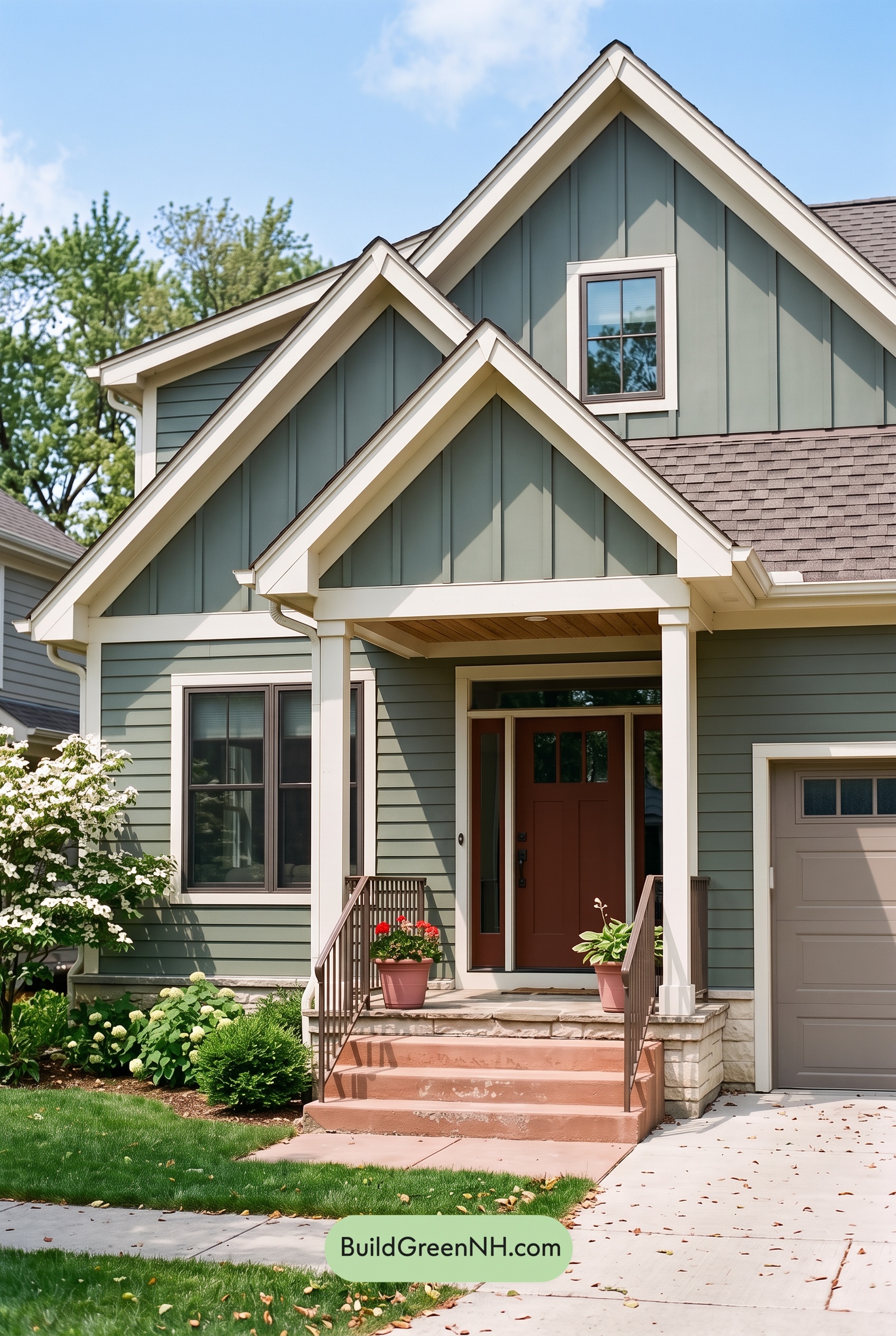 House with Brown Roof Exterior Color Scheme: Moss Linen Welcome